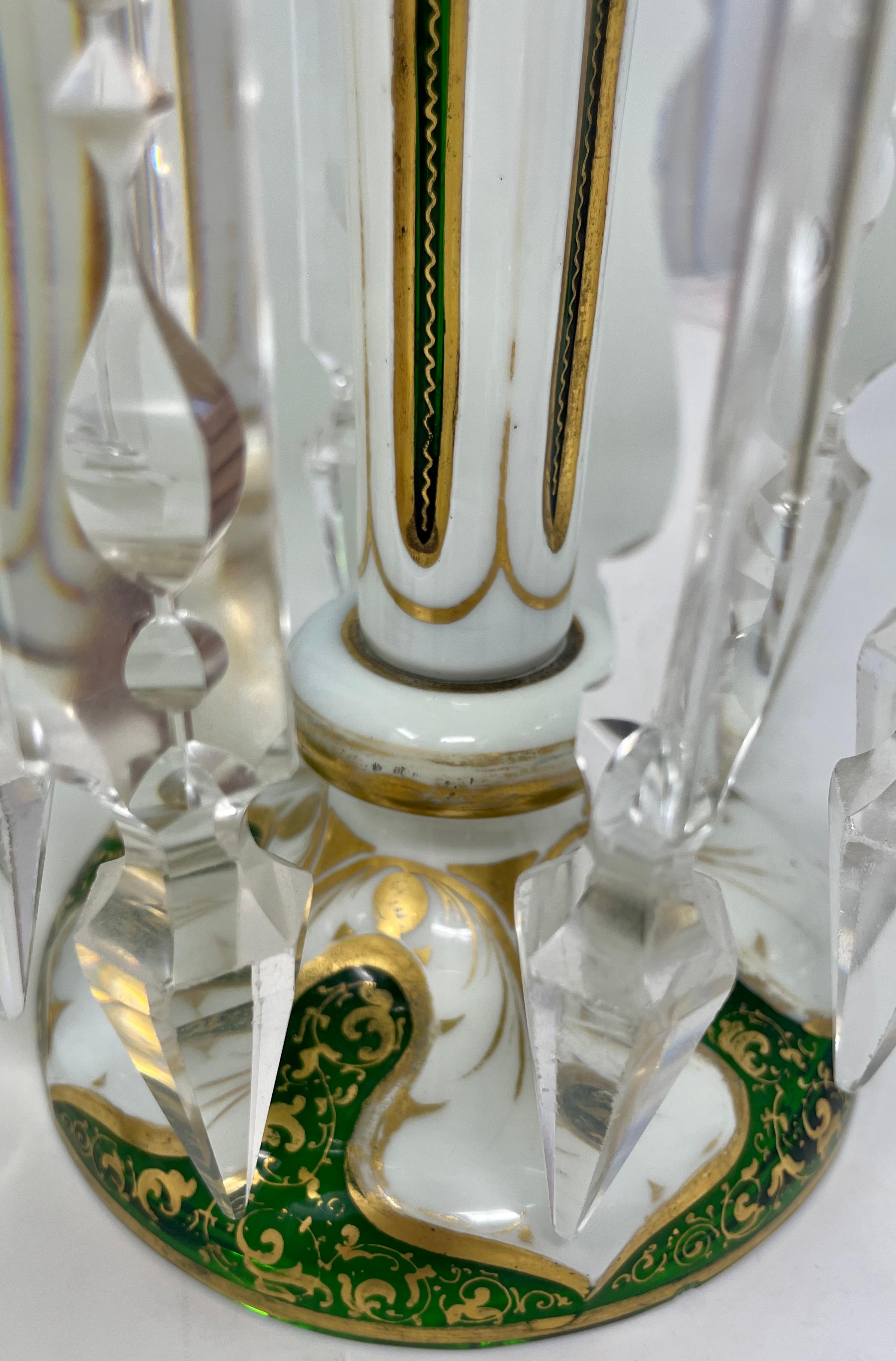 Pair Antique Bohemian Green Crystal with Gold & Enamel Candle Lusters Circa 1875 For Sale 3