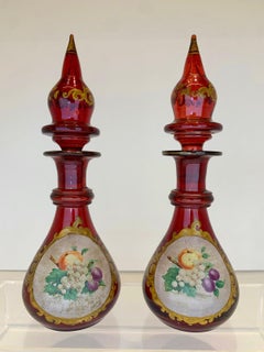 Pair Antique Bohemian Ruby Enameled Glass Perfume Bottles, Flacon, 19th Century
