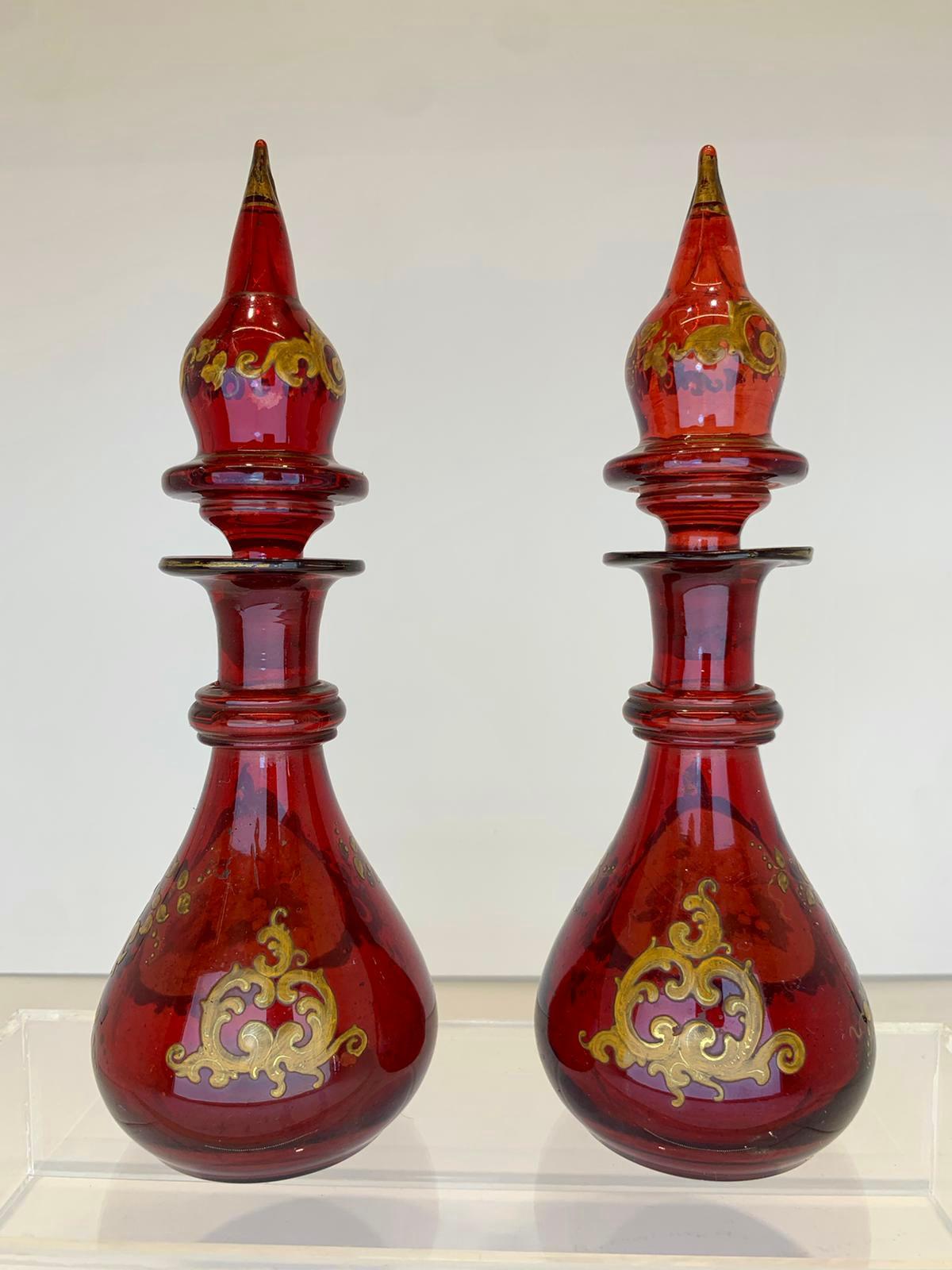 Pair Antique Bohemian Ruby Enameled Glass Perfume Bottles, Flacon, 19th Century In Good Condition For Sale In Rostock, MV