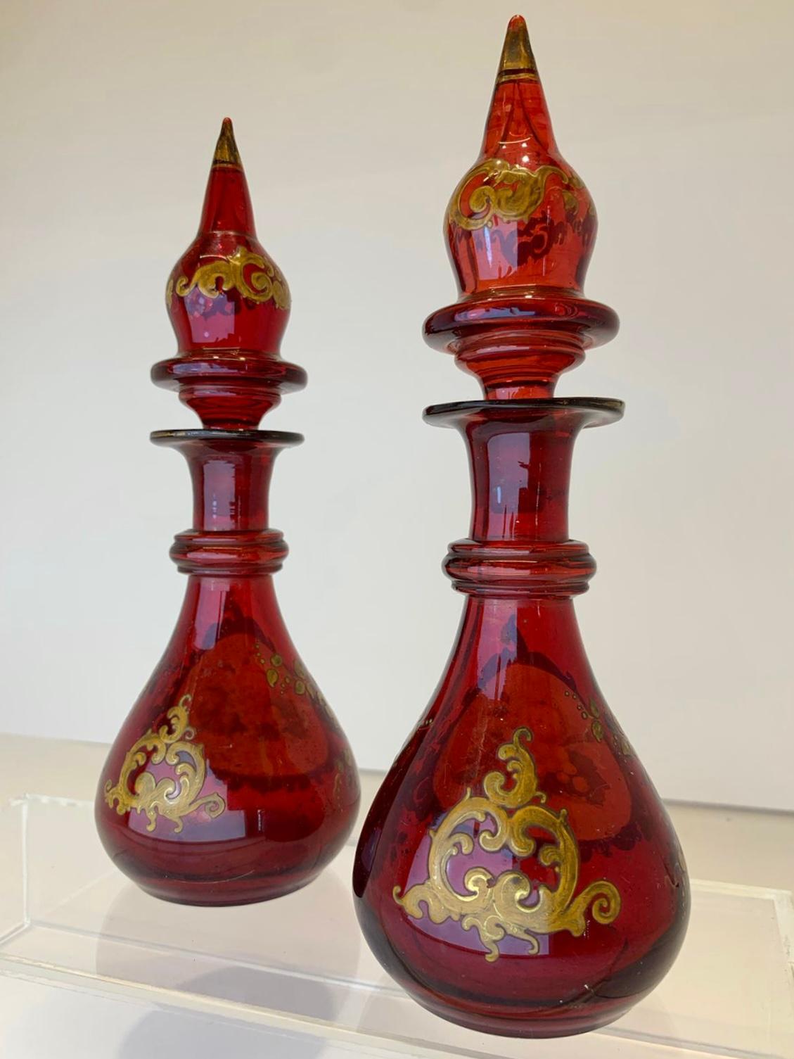 Blown Glass Pair Antique Bohemian Ruby Enameled Glass Perfume Bottles, Flacon, 19th Century For Sale