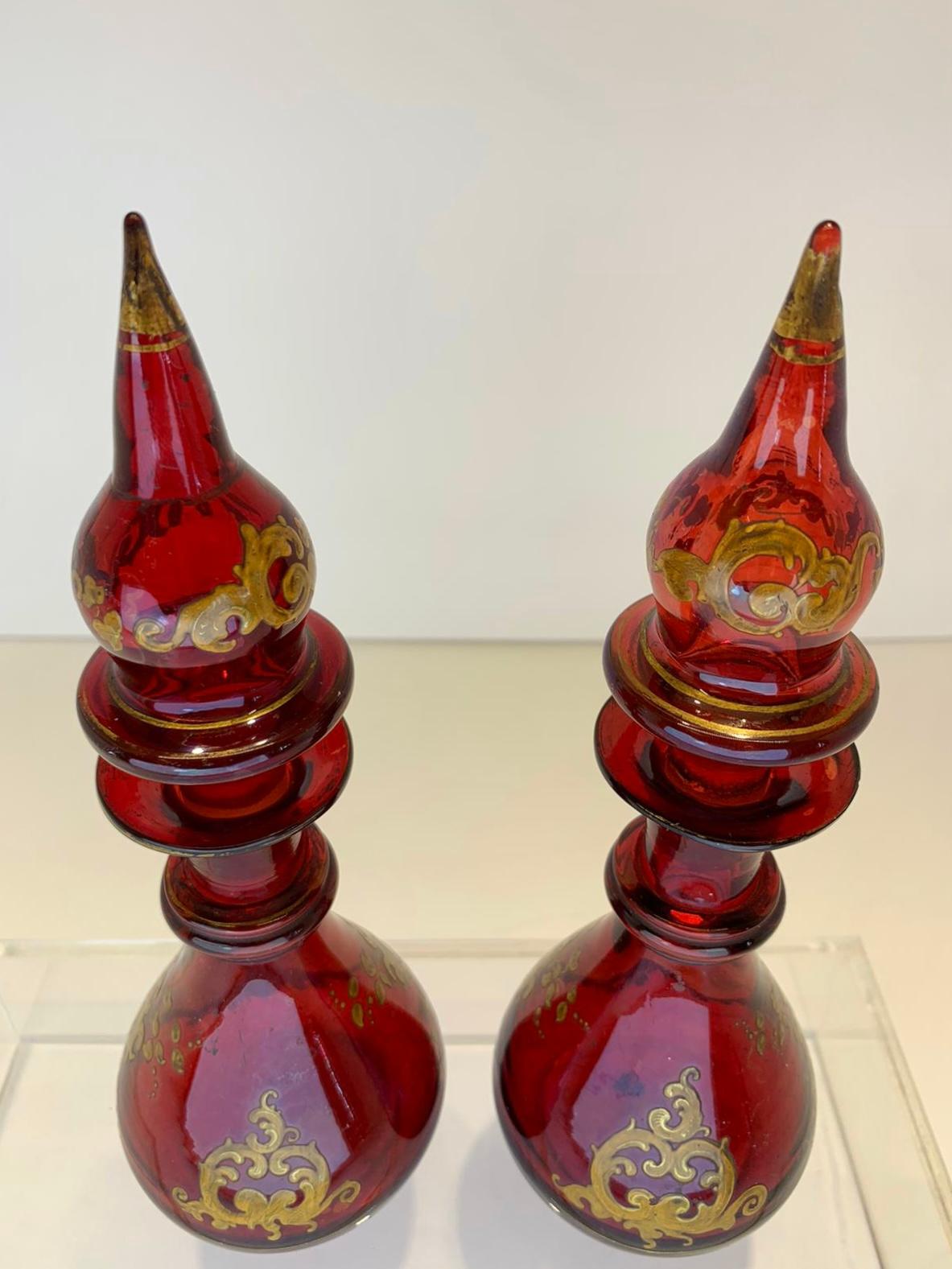 Pair Antique Bohemian Ruby Enameled Glass Perfume Bottles, Flacon, 19th Century For Sale 1