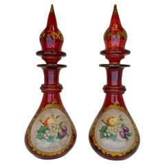 Pair Antique Bohemian Ruby Enameled Glass Perfume Bottles, Flacon, 19th Century