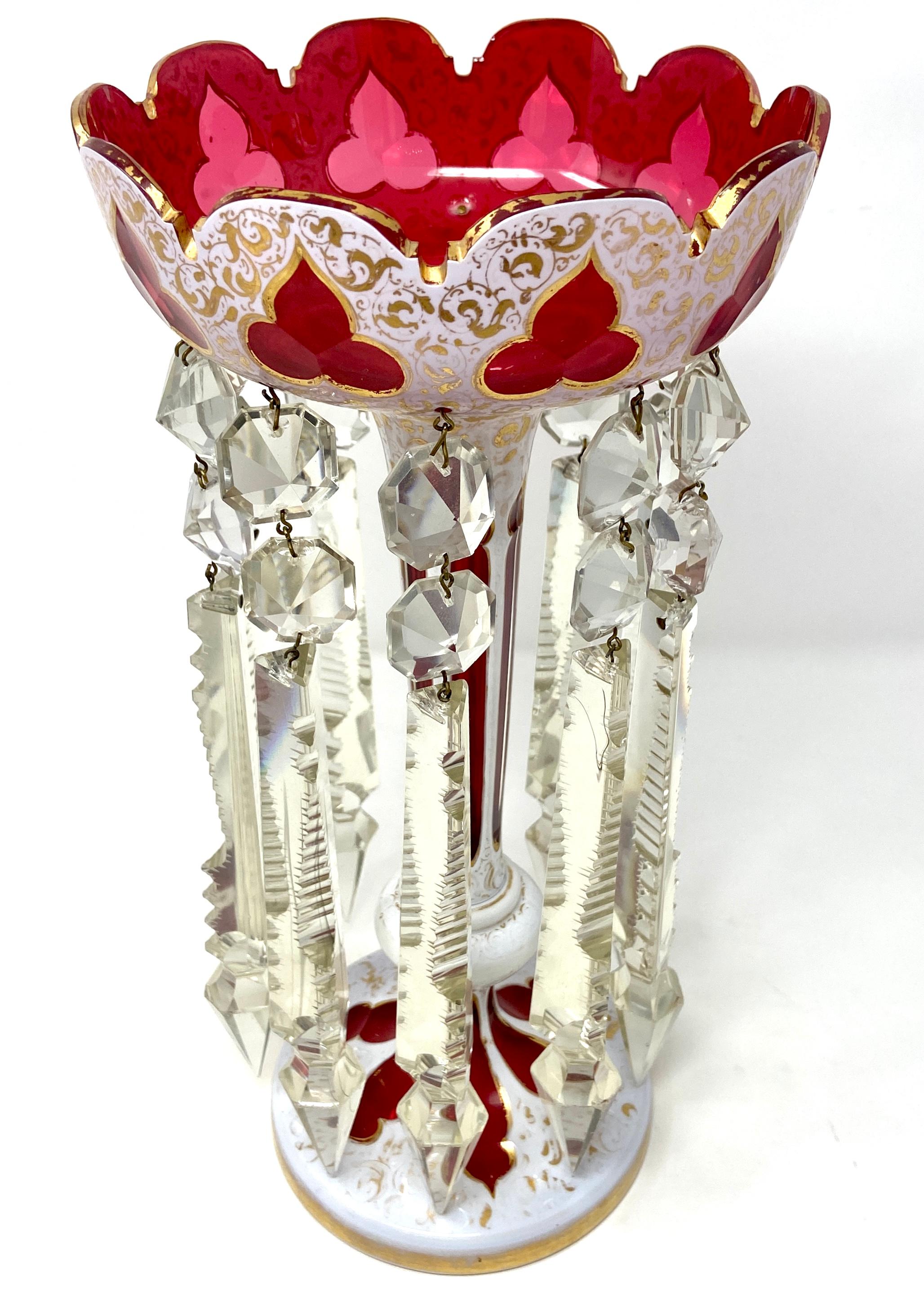 Pair large antique Bohemian ruby, white and clear glass candle lusters, Circa 1840.