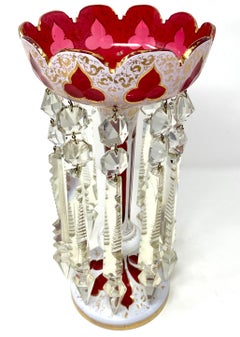 Pair Antique Bohemian Ruby, White and Clear Glass Candle Lusters, Circa 1840