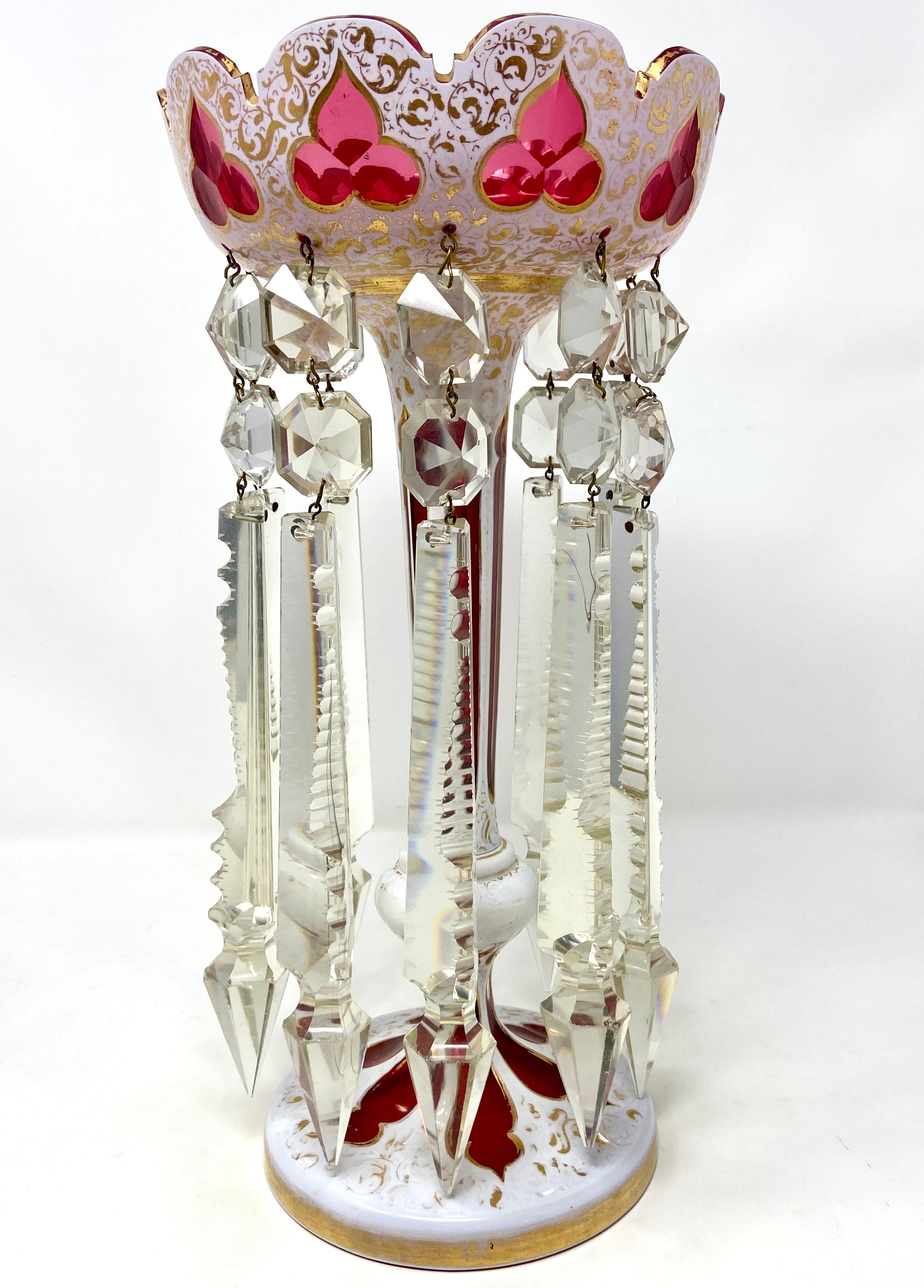 Pair Antique Bohemian Ruby, White and Clear Glass Candle Lusters, Circa 1840 In Good Condition For Sale In New Orleans, LA
