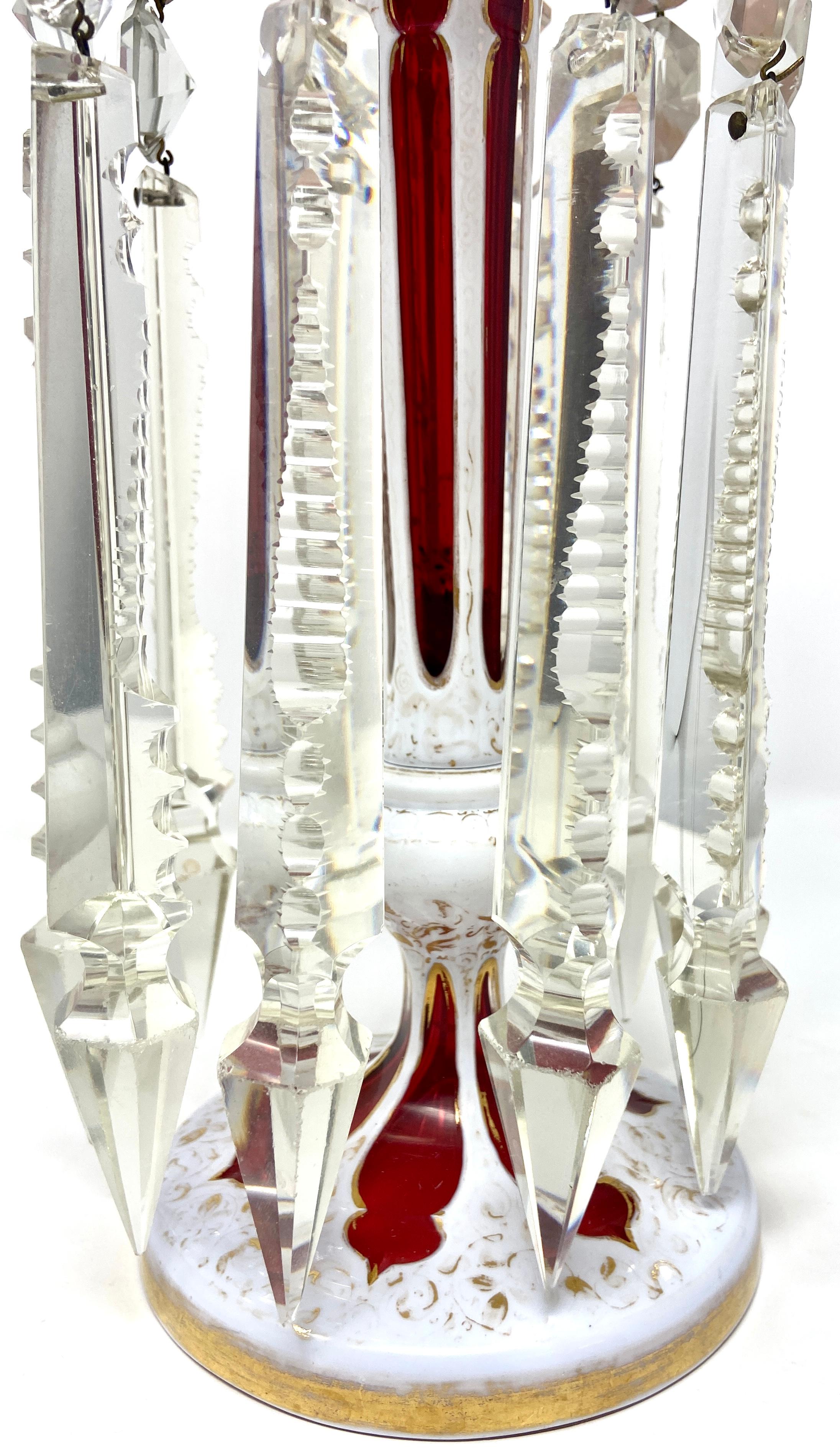 19th Century Pair Antique Bohemian Ruby, White and Clear Glass Candle Lusters, Circa 1840 For Sale