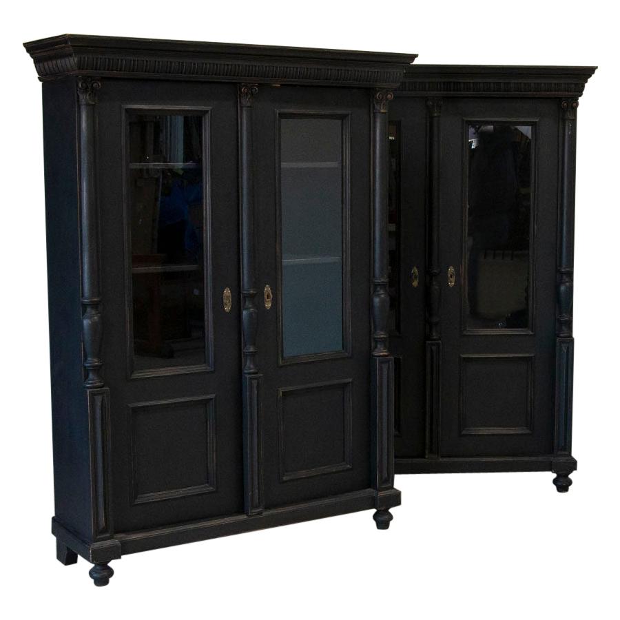 Pair, Antique Bookcase Cabinet from Sweden with Black Painted Finish and Adjusta