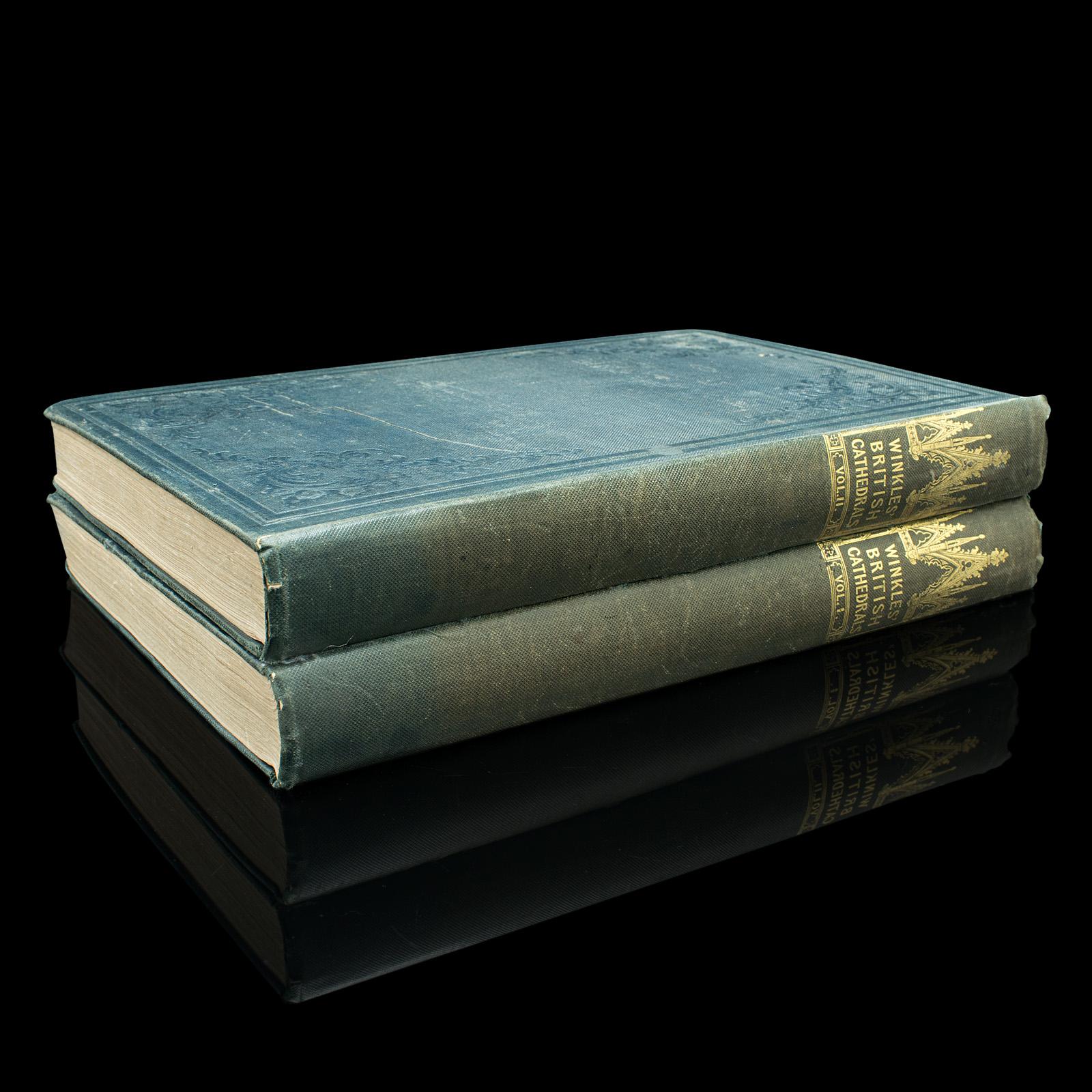 This is a pair of two antique books, Volume 1 & 2 of Winkles' British Cathedrals. An English language, hard bound illustrated reference guide to 19th century architecture, dating to the early Victorian period, dated 1838.

Robert Garland (1808 -