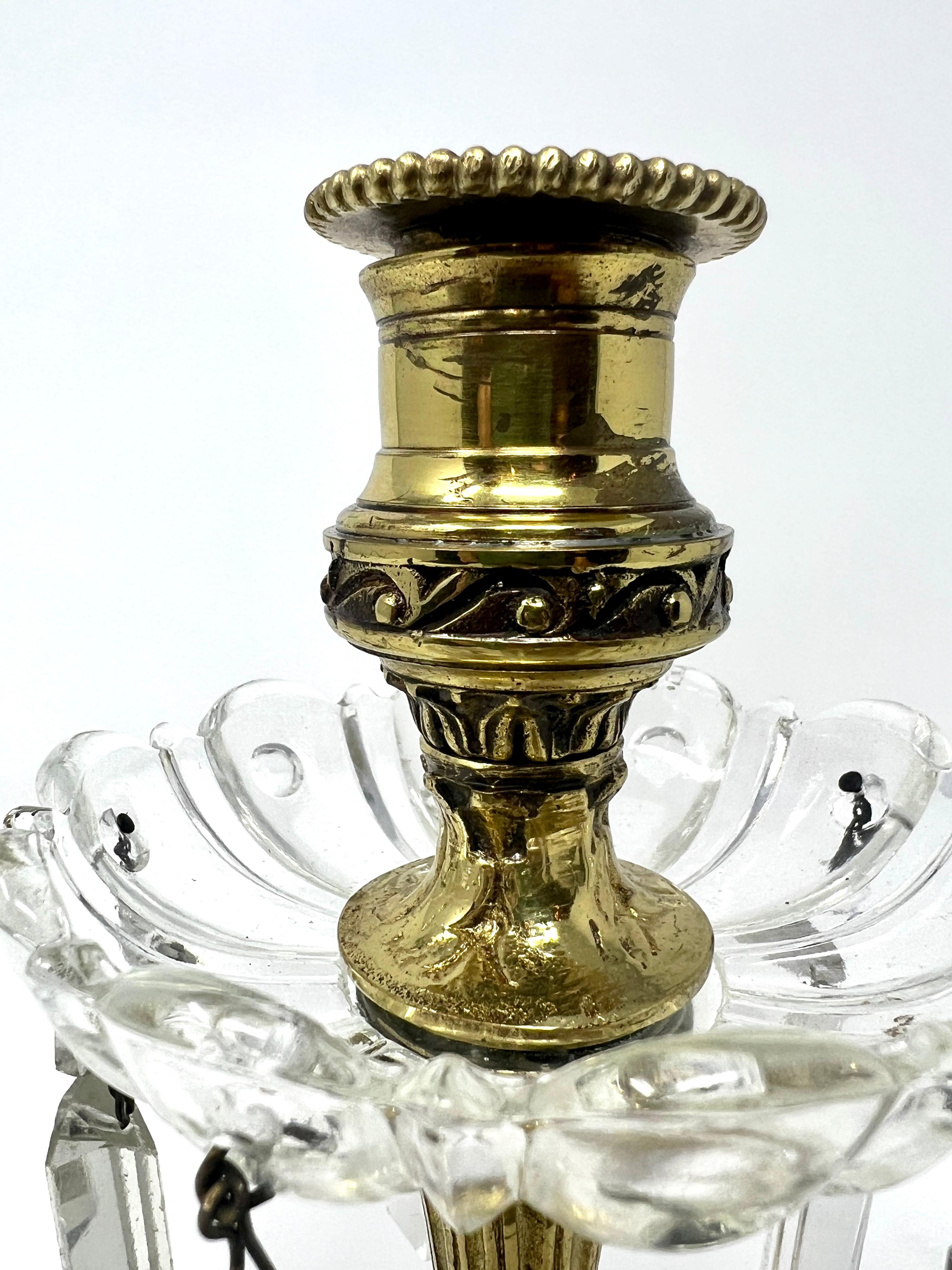 Pair Antique Brass and Crystal candlesticks 1875-85 In Good Condition For Sale In New Orleans, LA
