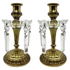 Paire de chandeliers anciens en laiton et cristal 1875-85
