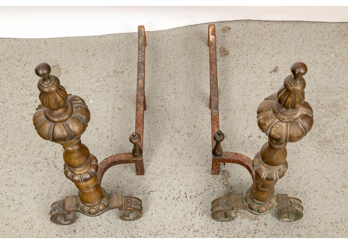 Edwardian Pair Antique Brass Andirons For Sale