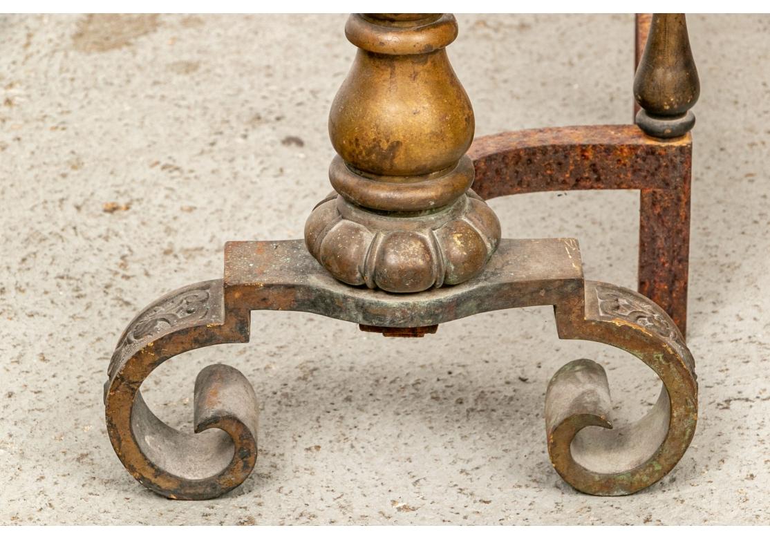 Pair Antique Brass Andirons In Distressed Condition For Sale In Bridgeport, CT