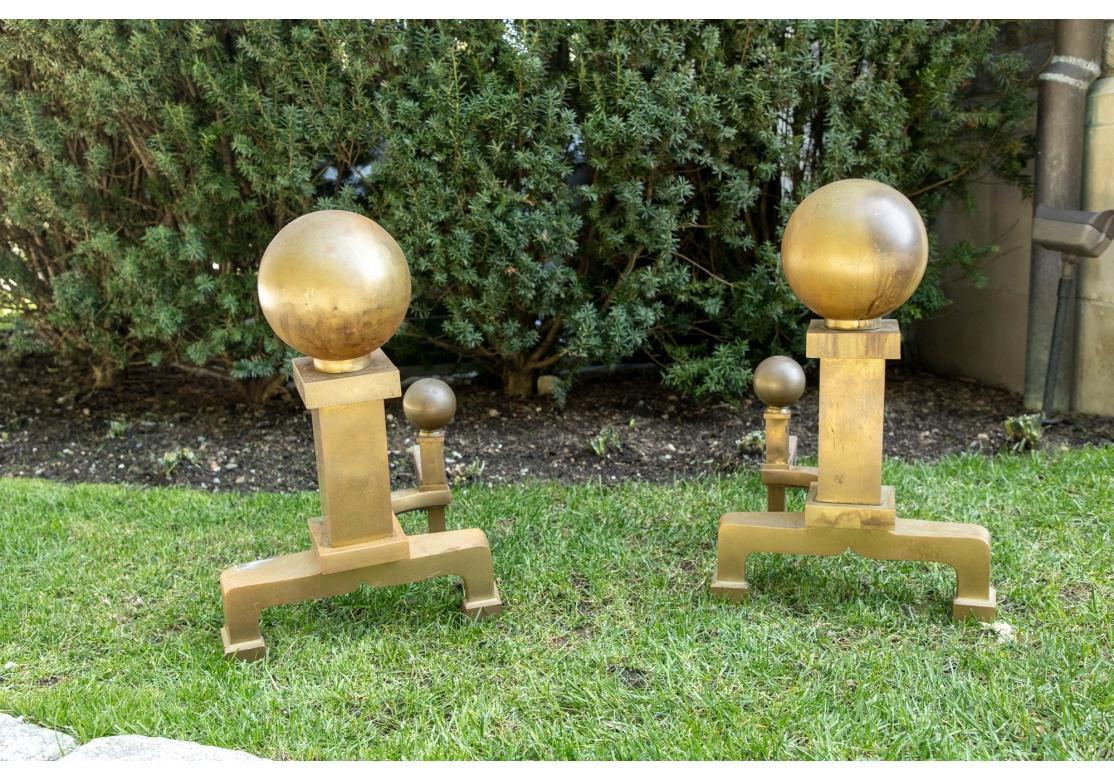 Pair Antique Brass Cannonball Andirons For Sale 1