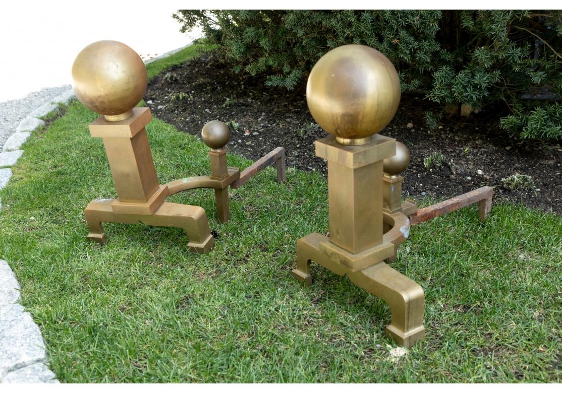Pair Antique Brass Cannonball Andirons For Sale 2