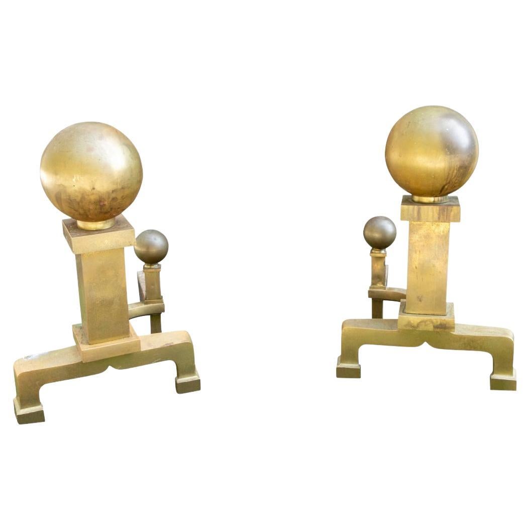 Pair Antique Brass Cannonball Andirons For Sale