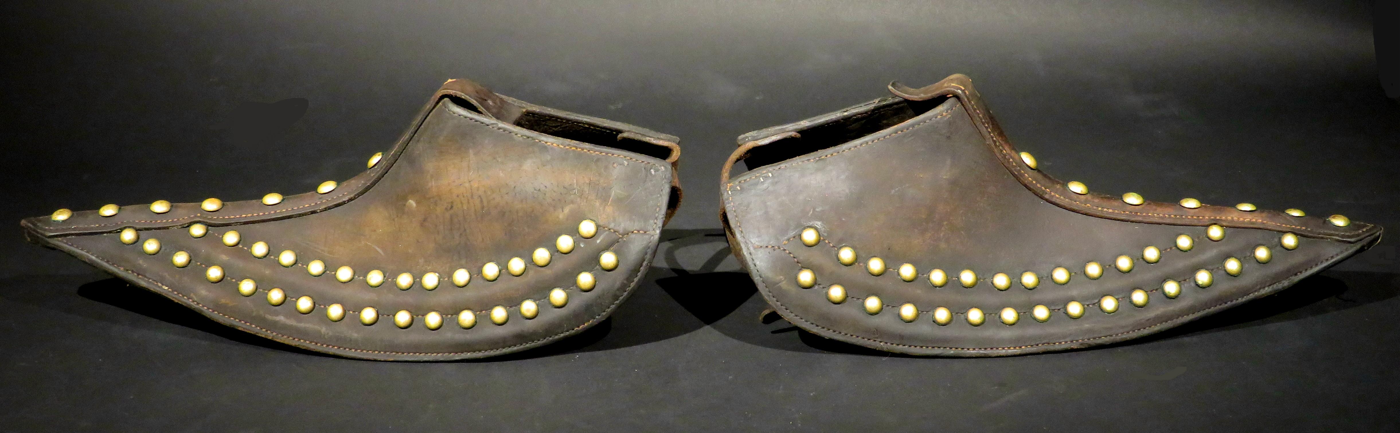 Country Pair of Brass Studded Leather Tapaderos, Western United States, circa 1930 For Sale