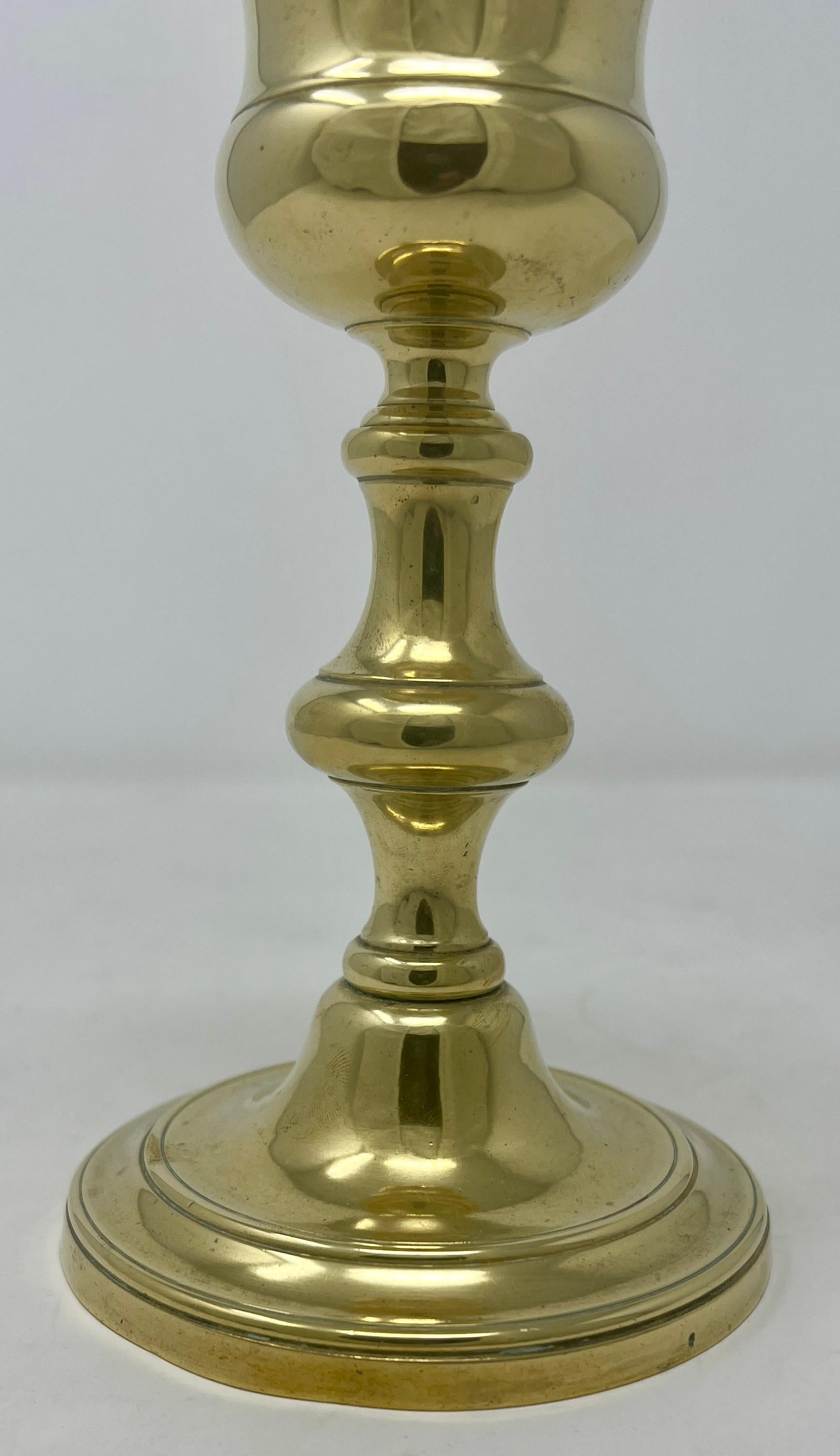 Pair Antique Brass Whale Oil Lamp Candlesticks, Circa 1830's. In Good Condition For Sale In New Orleans, LA