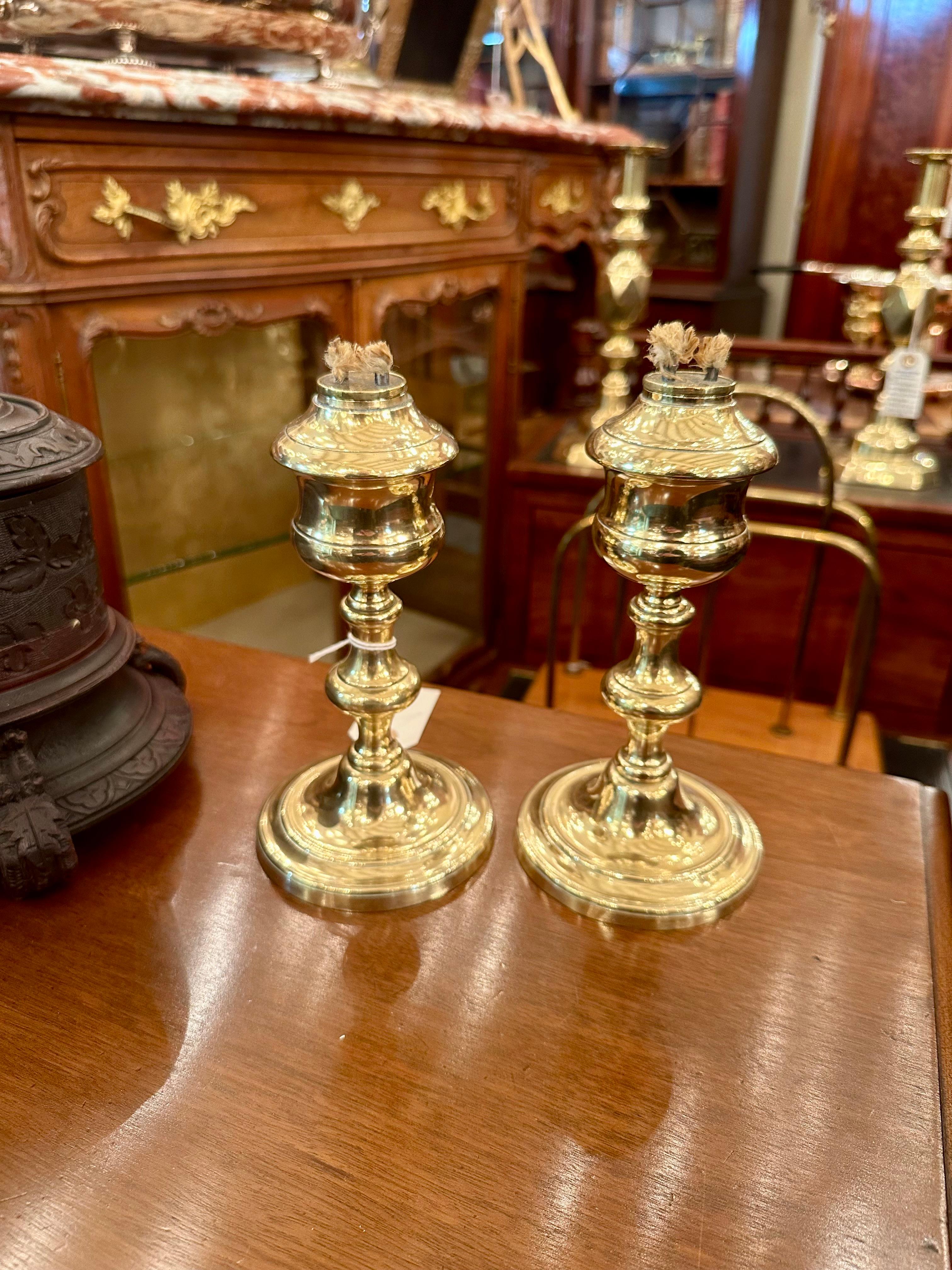 Pair Antique Brass Whale Oil Lamp Candlesticks, Circa 1830's. For Sale 1