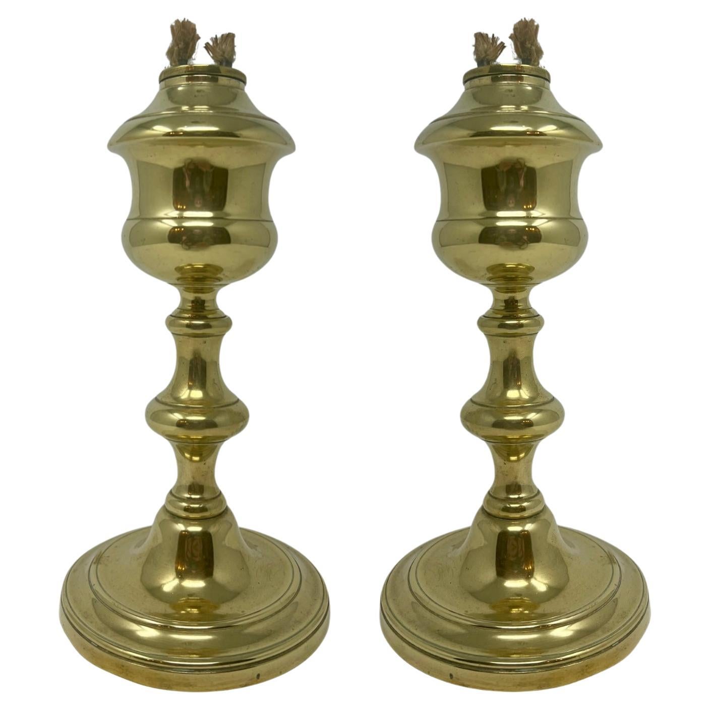 Pair Antique Brass Whale Oil Lamp Candlesticks, Circa 1830's.