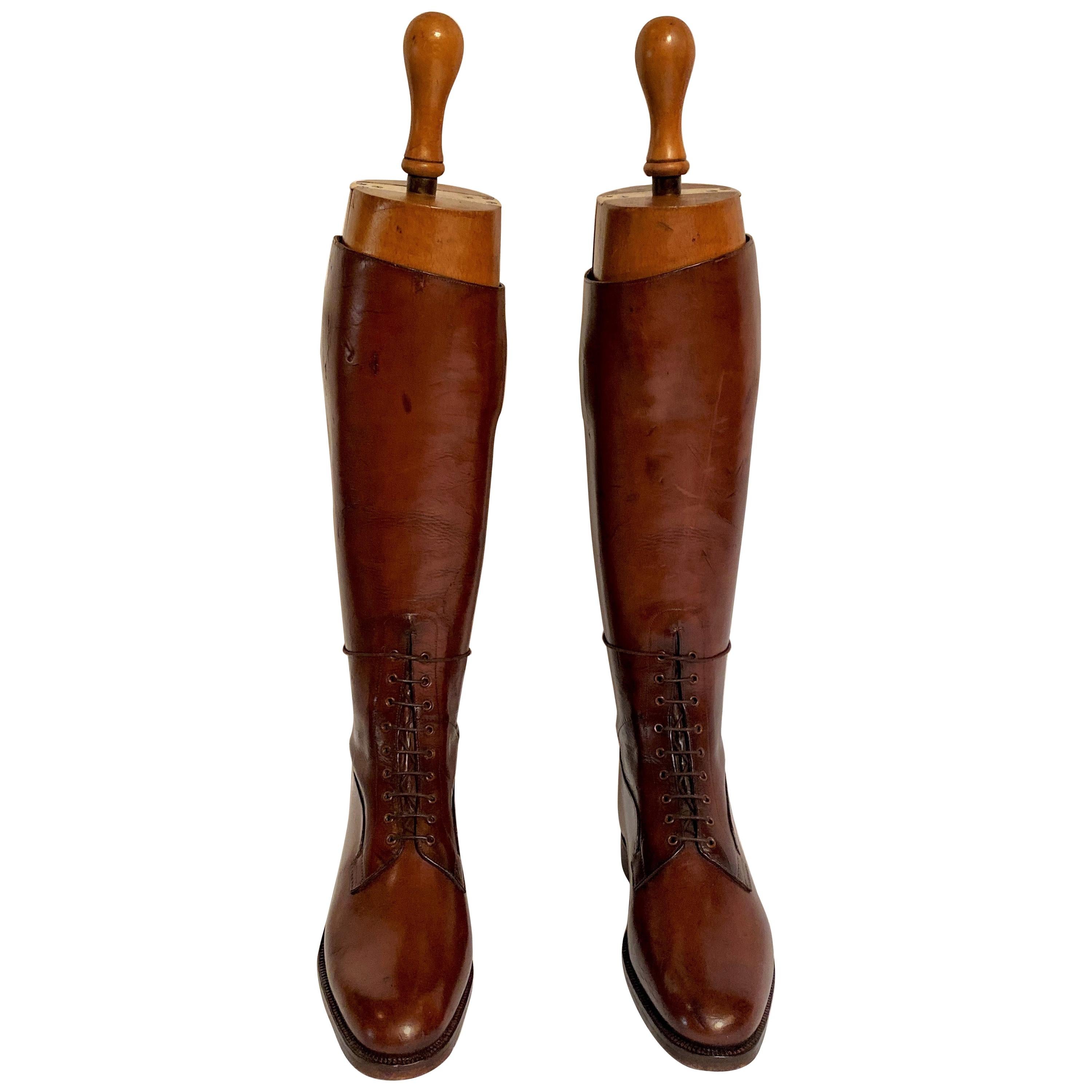 Pair of Antique British "Bespoke" Pristine Leather Field Boots, circa 1930s