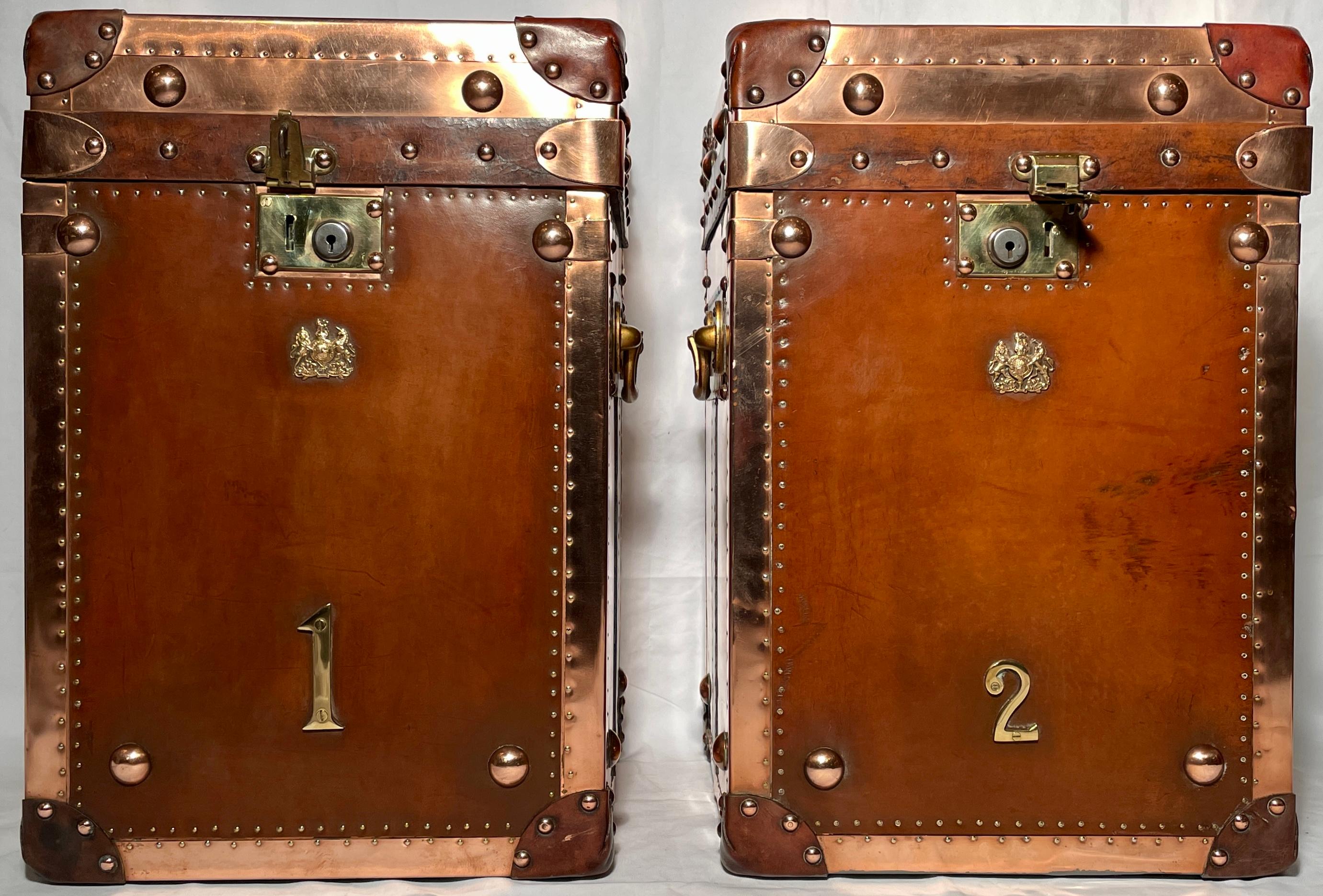 Pair rare antique British copper and leather trunks with insignia of the Royal Corps of Marines: 