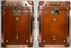 Pair Antique British Copper & Leather Trunks w/ Royal Corps of Marines Insignia
