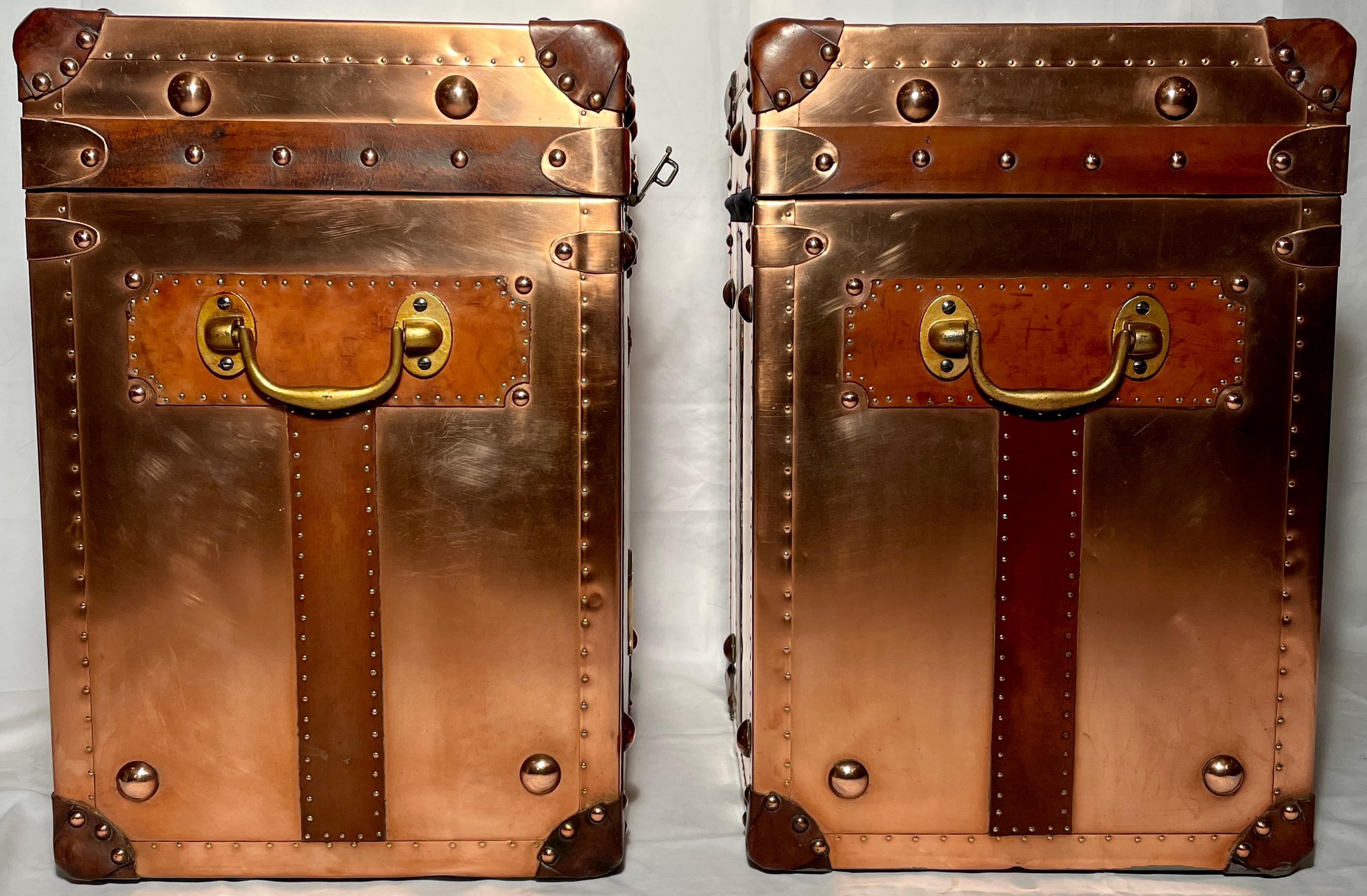 English Pair Antique British Copper & Leather Trunks w/ Royal Corps of Marines Insignia