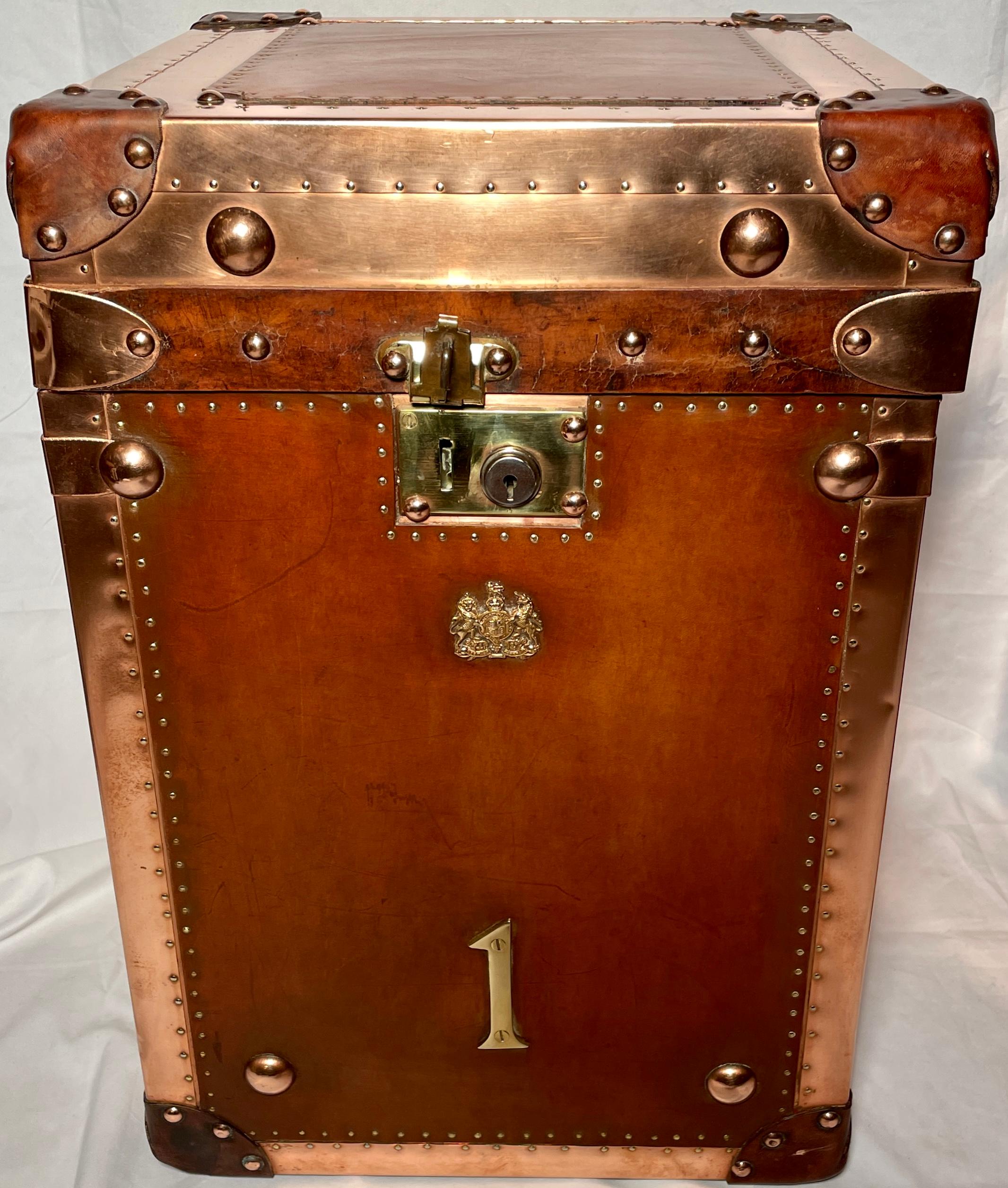 Pair Antique British Copper & Leather Trunks w/ Royal Corps of Marines Insignia In Good Condition In New Orleans, LA