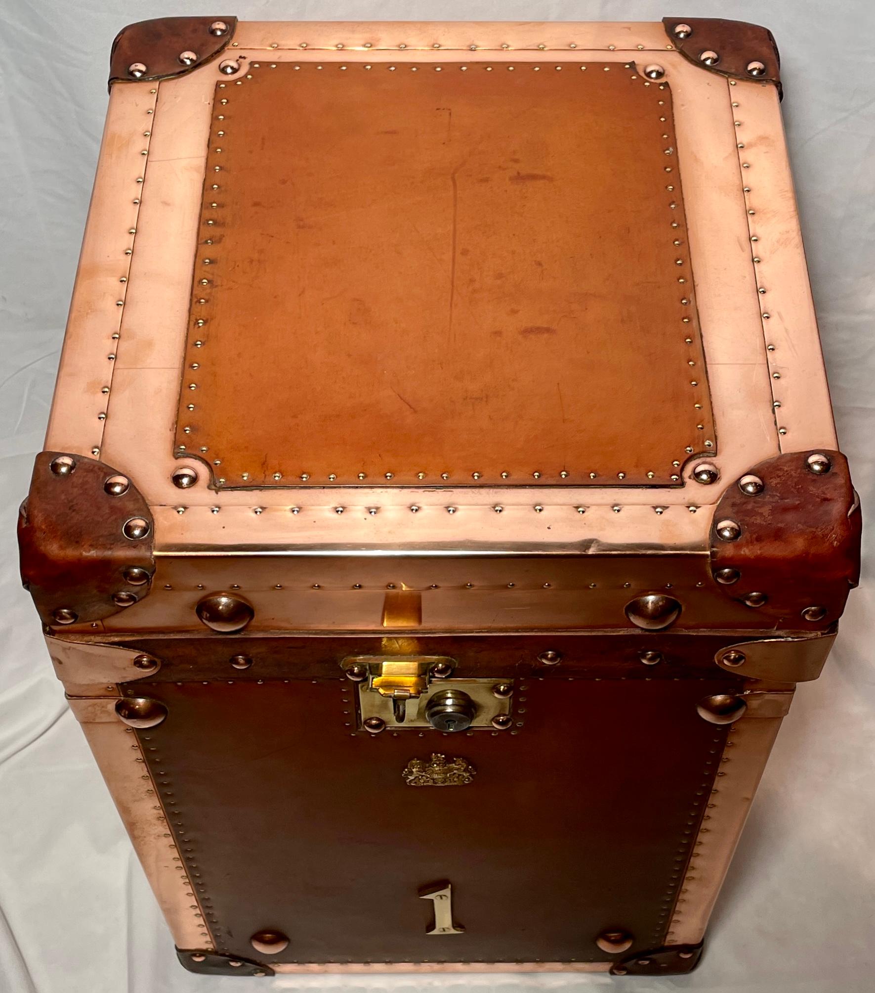 20th Century Pair Antique British Copper & Leather Trunks w/ Royal Corps of Marines Insignia