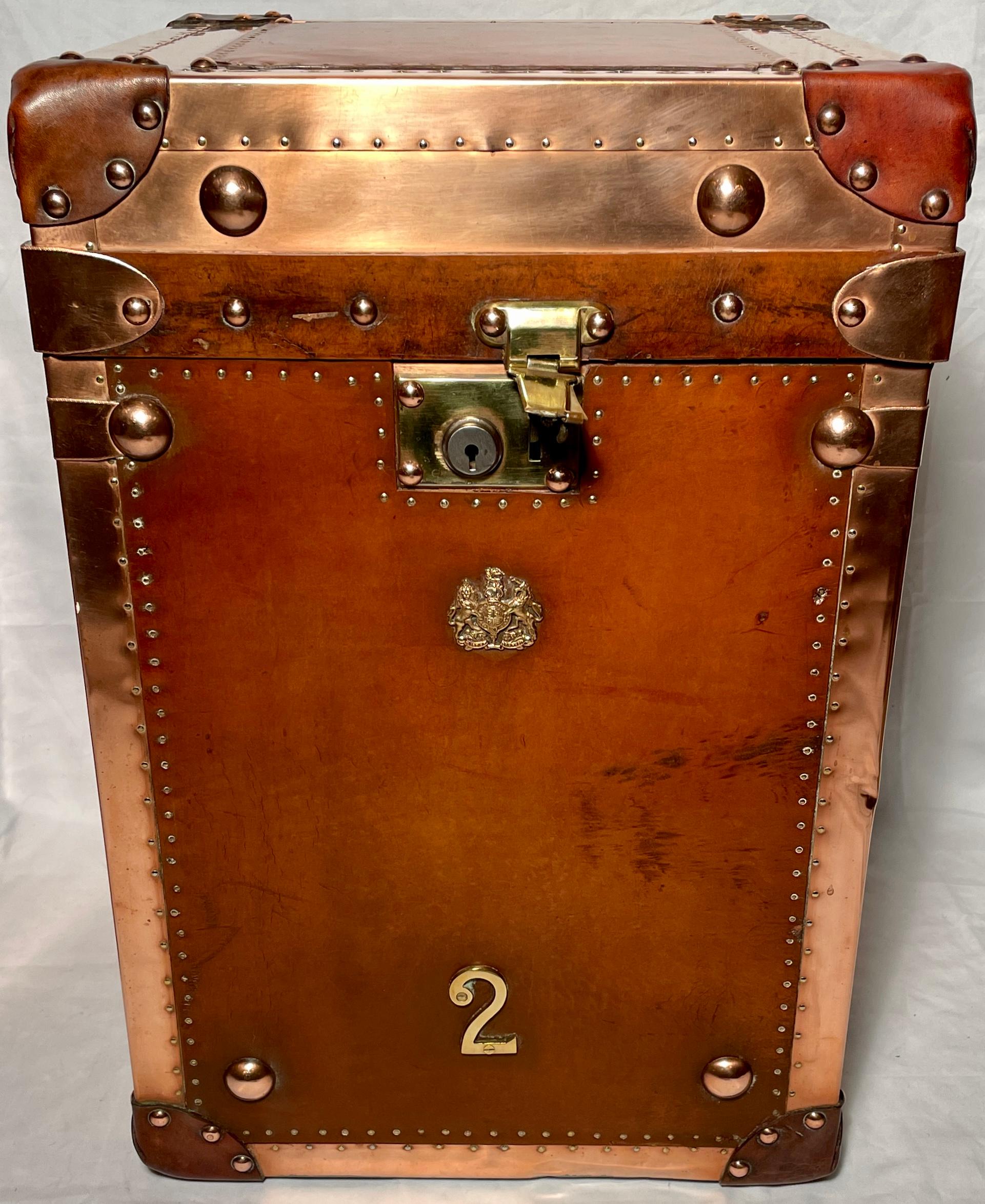 Pair Antique British Copper & Leather Trunks w/ Royal Corps of Marines Insignia 1