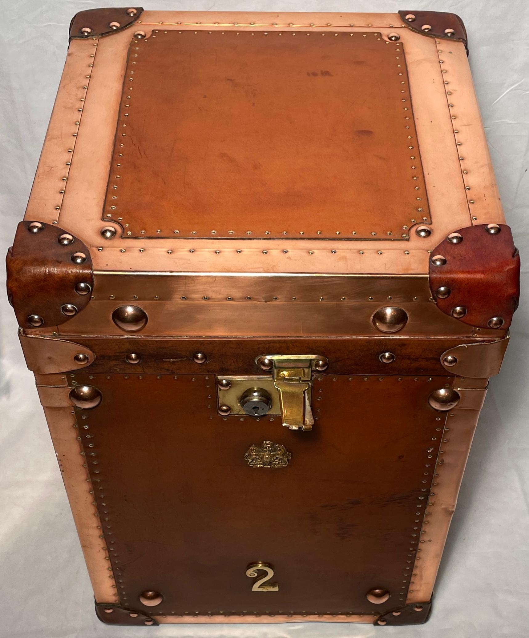 Pair Antique British Copper & Leather Trunks w/ Royal Corps of Marines Insignia 2