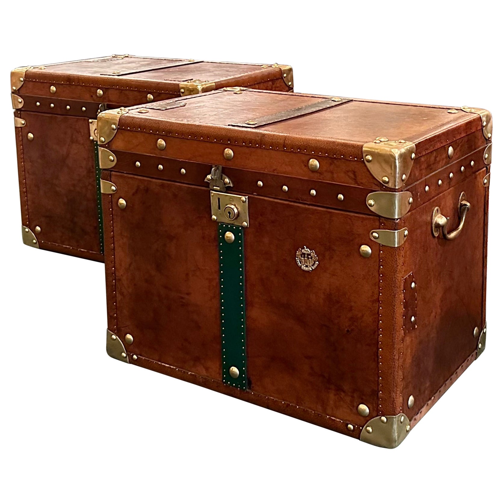 Pair Antique British "Essex Regiment" Brass 
Leather Military Trunks Circa 1900