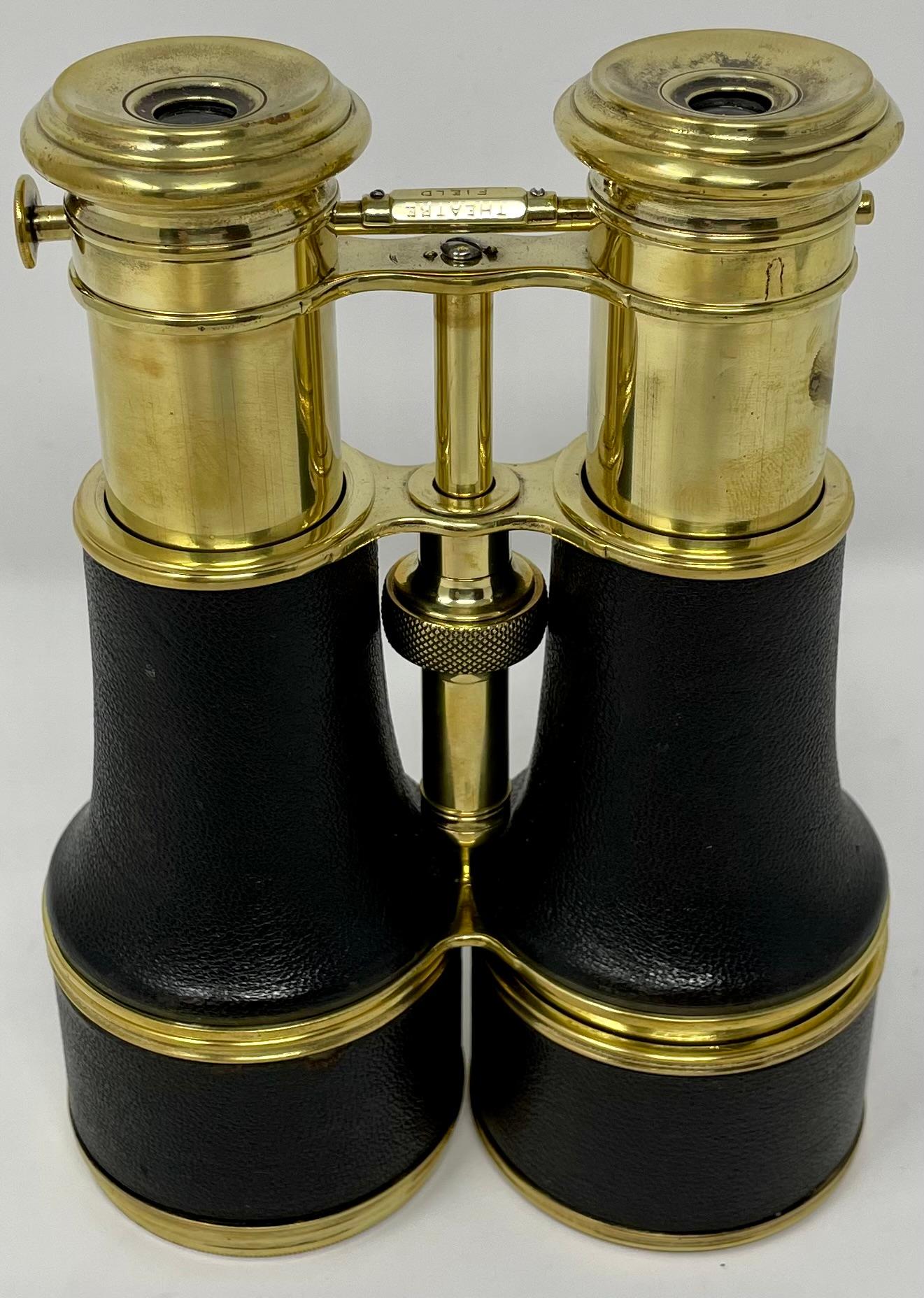 English Pair Antique British Leather and Brass Marine Field Binoculars, Circa 1900-1910. For Sale