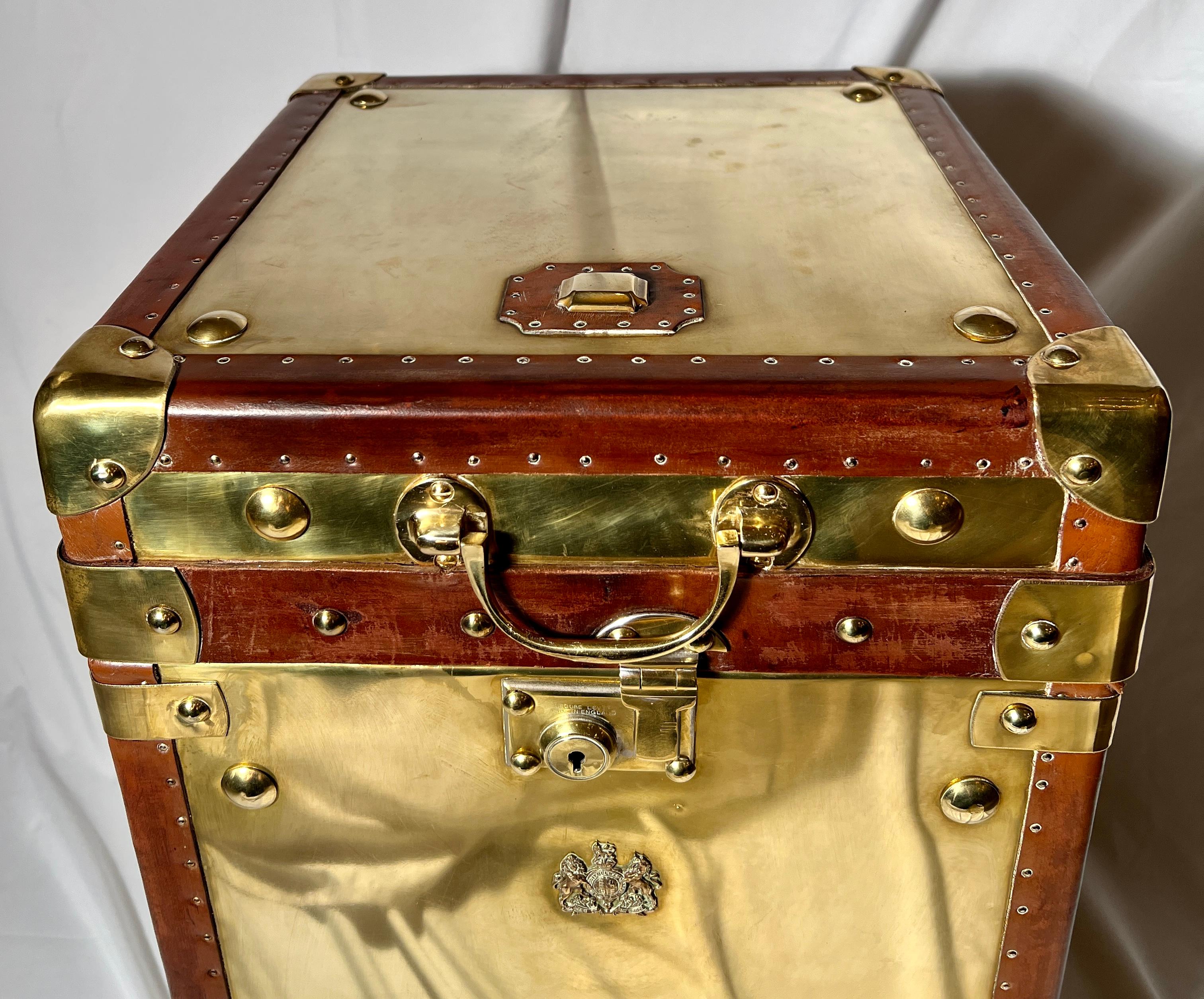 English Pair Antique British Leather and Brass Military Trunks, Circa 1900.