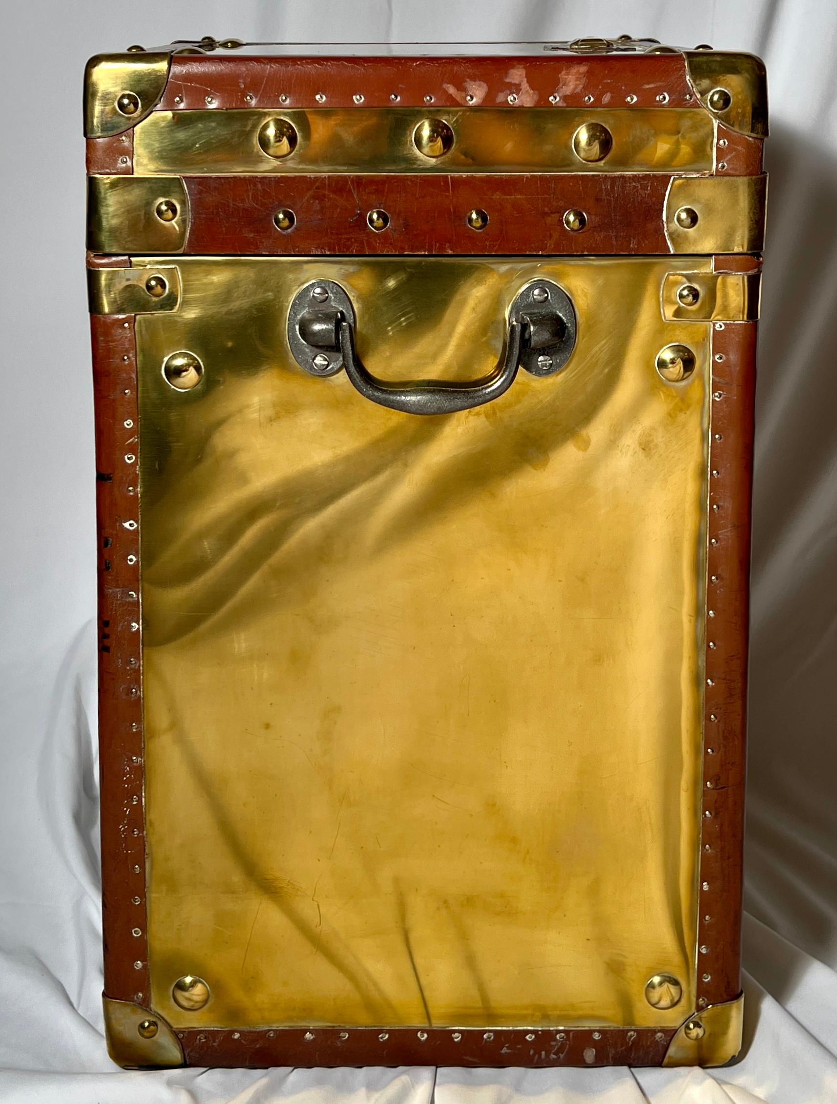 Pair Antique British Leather and Brass Military Trunks, Circa 1900. In Good Condition In New Orleans, LA