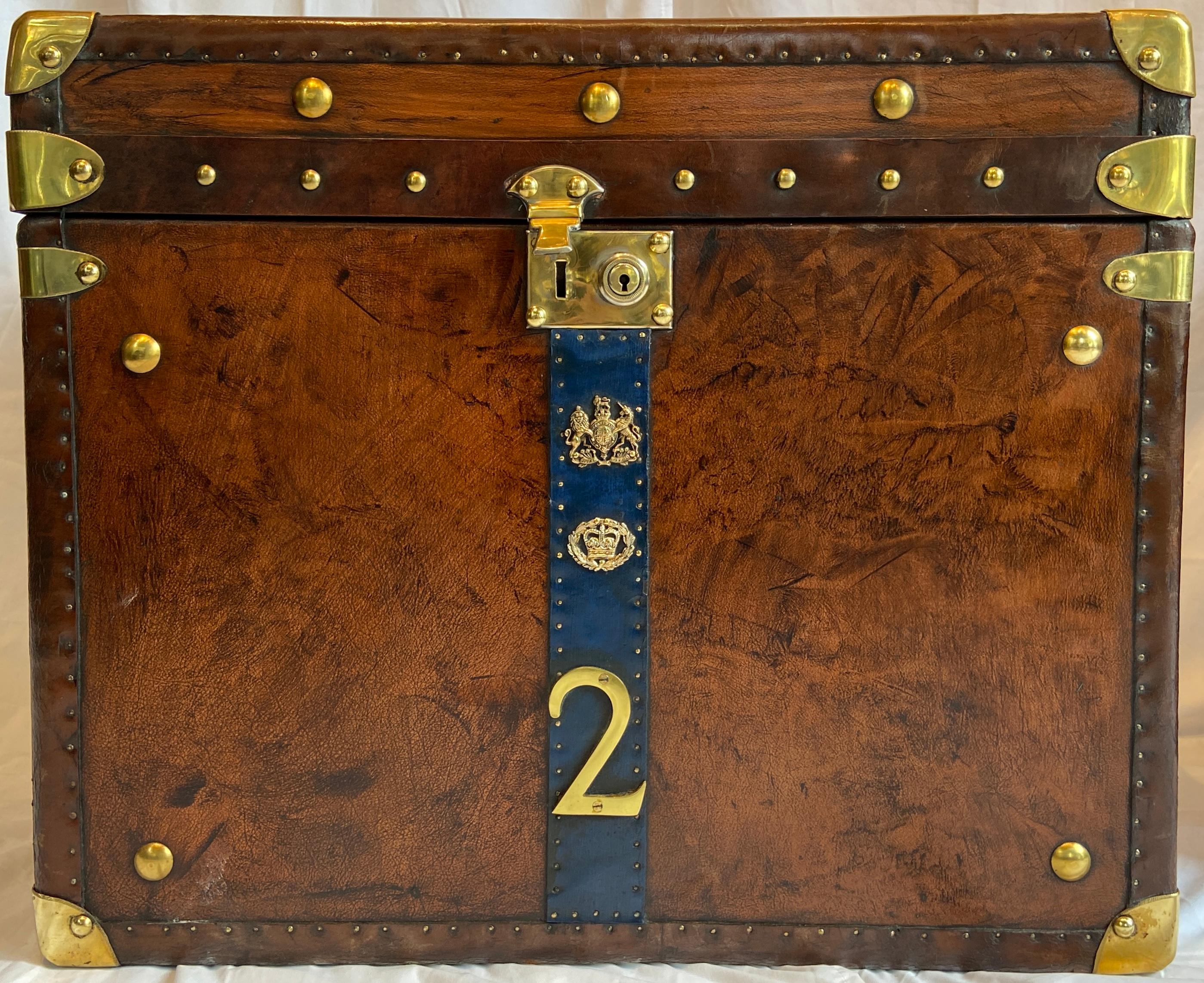 English Pair Antique British Military Leather Chests with Insignia, circa 1920-1930