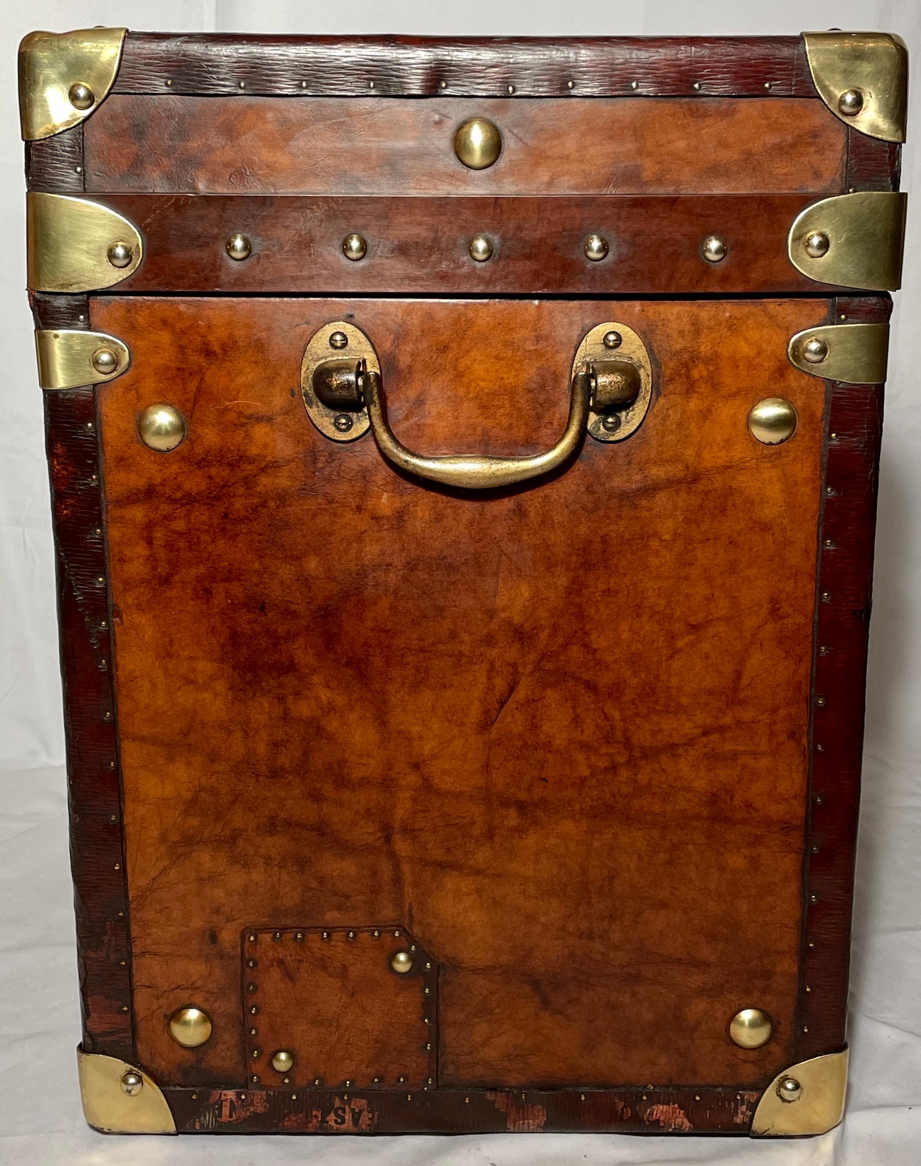 Pair Antique British Military Leather Trunks w Brass Badge of Royal Coat of Arms In Good Condition In New Orleans, LA