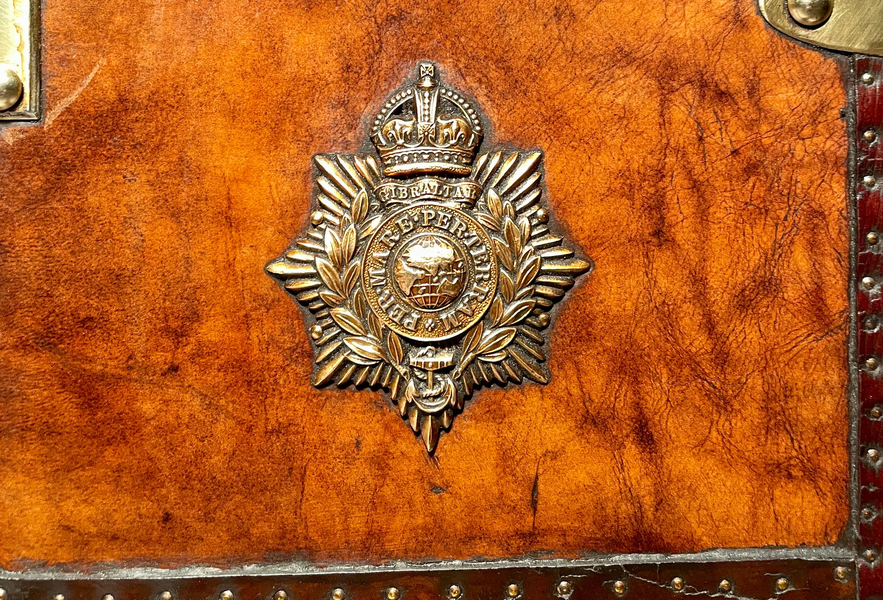 20th Century Pair Antique British Military Leather Trunks w Brass Badge of Royal Coat of Arms