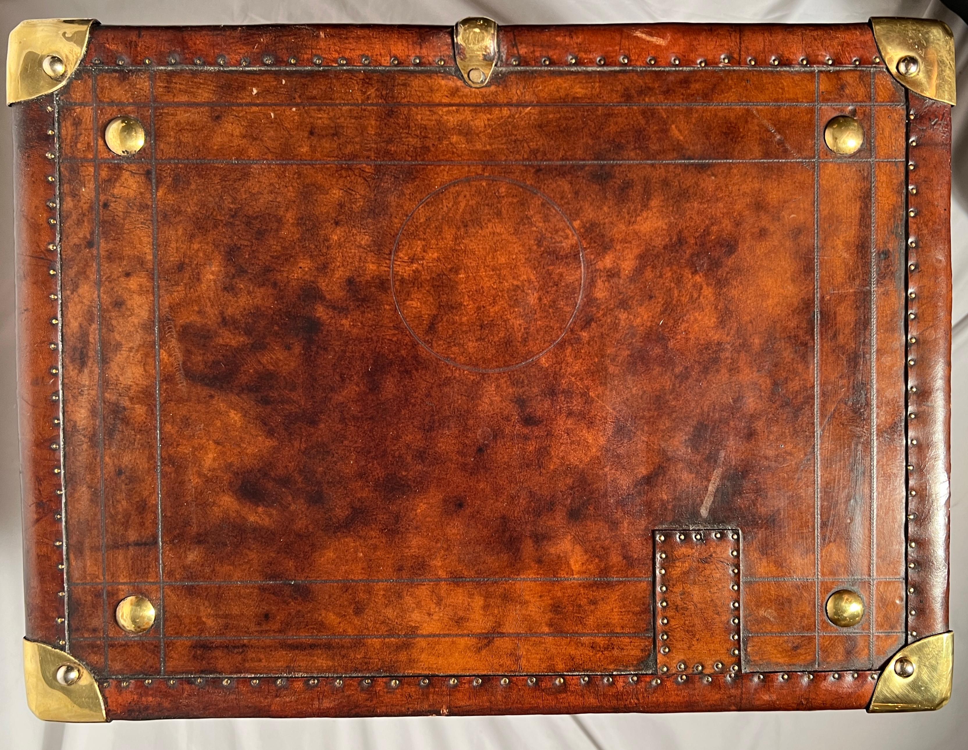 Pair Antique British Military Leather Trunks with Brass Mounts, Circa 1900. 
