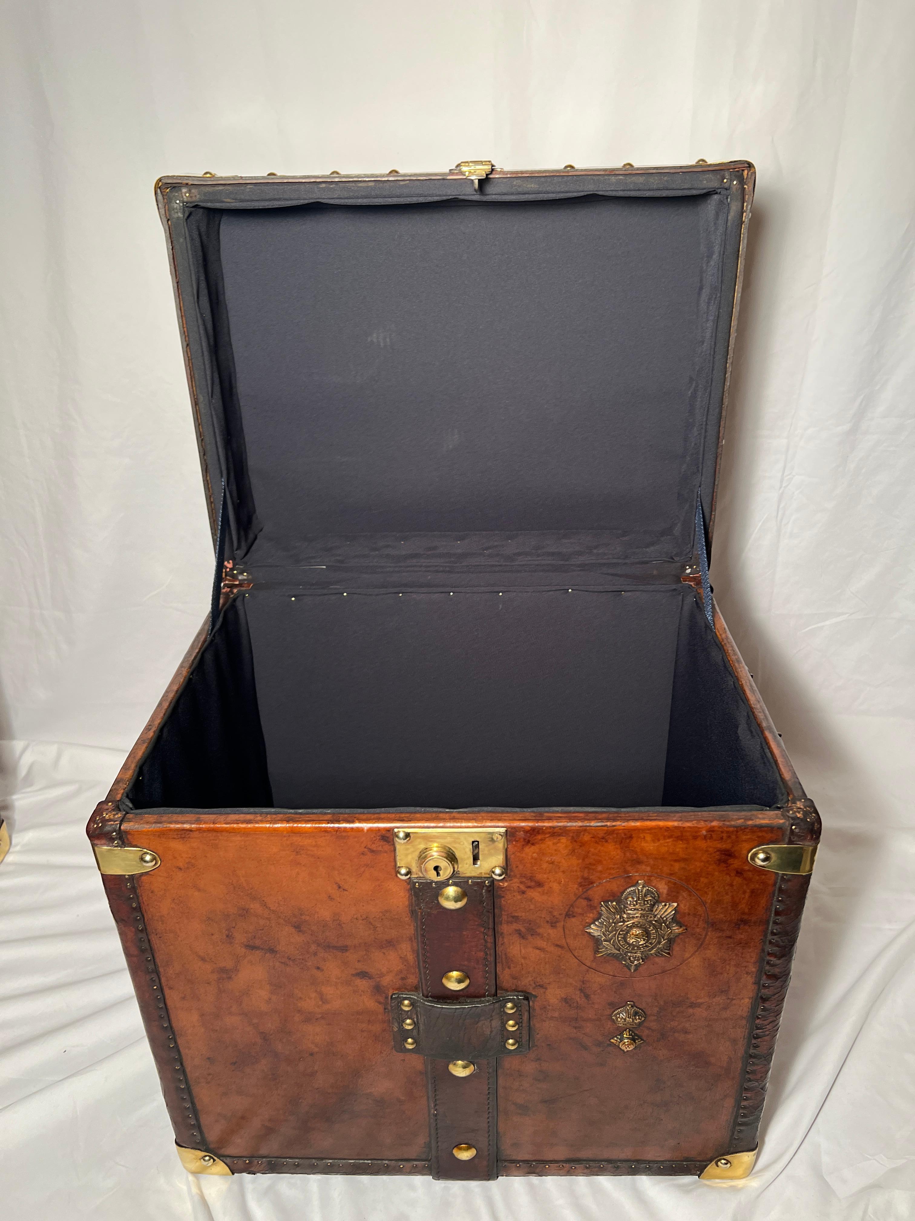 Pair Antique British Military Leather Trunks with Brass Mounts, Circa 1900's. In Good Condition In New Orleans, LA