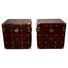 Pair Antique British World War I Leather and Brass Military Trunks, Circa 1910's