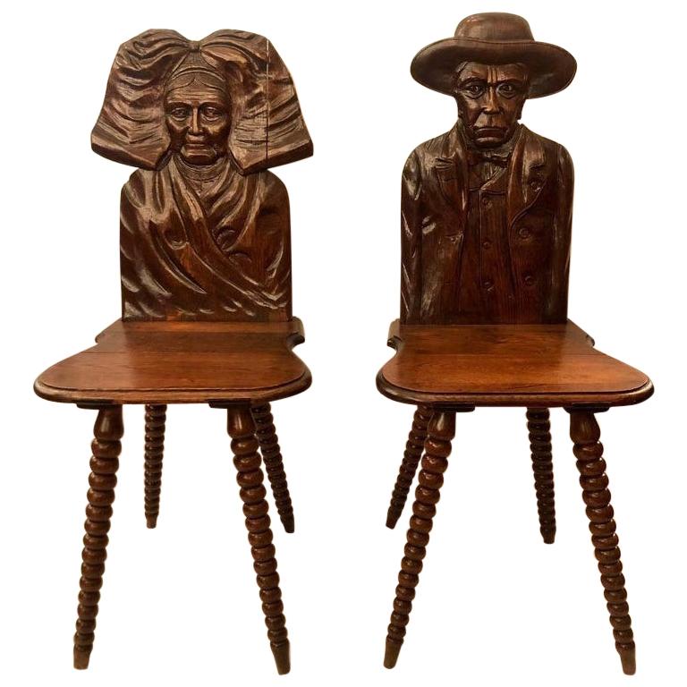 Pair Antique Brittany Carved Walnut Chairs, Circa 1880-1890.