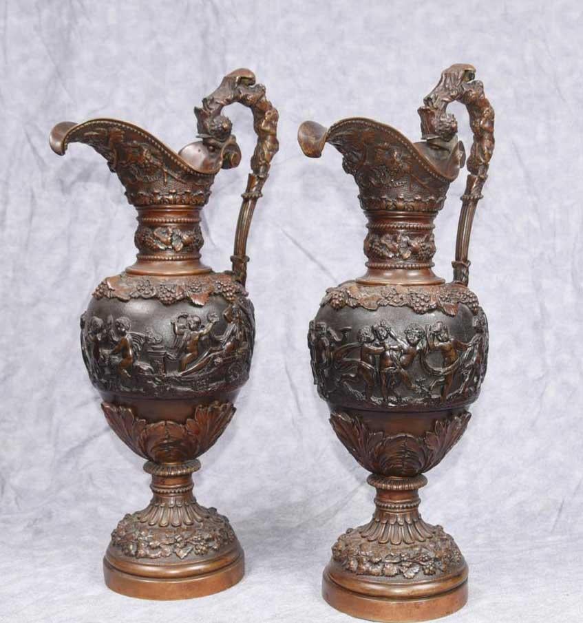 Pair Antique Bronze Amphora Urns, French Jugs Cherub Urns, 1890 In Good Condition In Potters Bar, GB