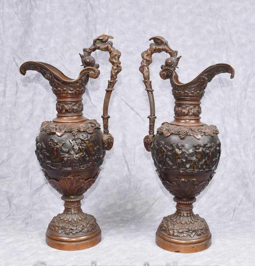 Late 19th Century Pair Antique Bronze Amphora Urns, French Jugs Cherub Urns, 1890