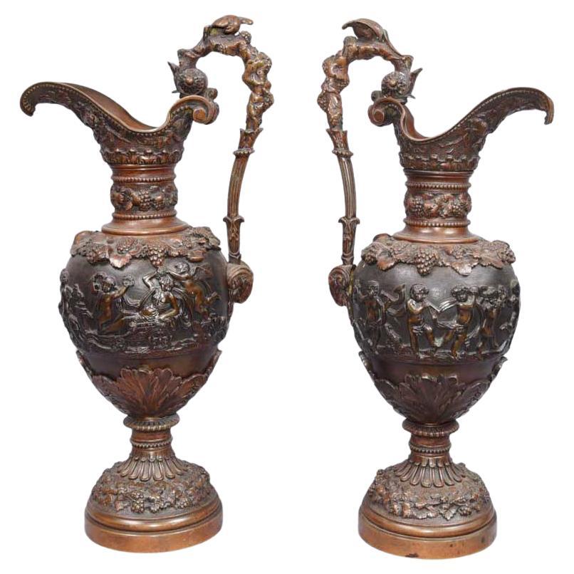 Pair Antique Bronze Amphora Urns, French Jugs Cherub Urns, 1890
