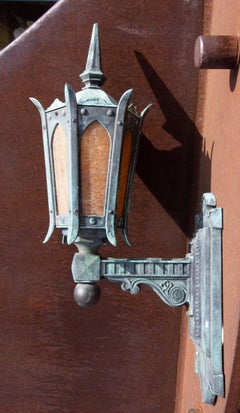 Pair Antique Bronze and Slag Glass Exterior Sconces