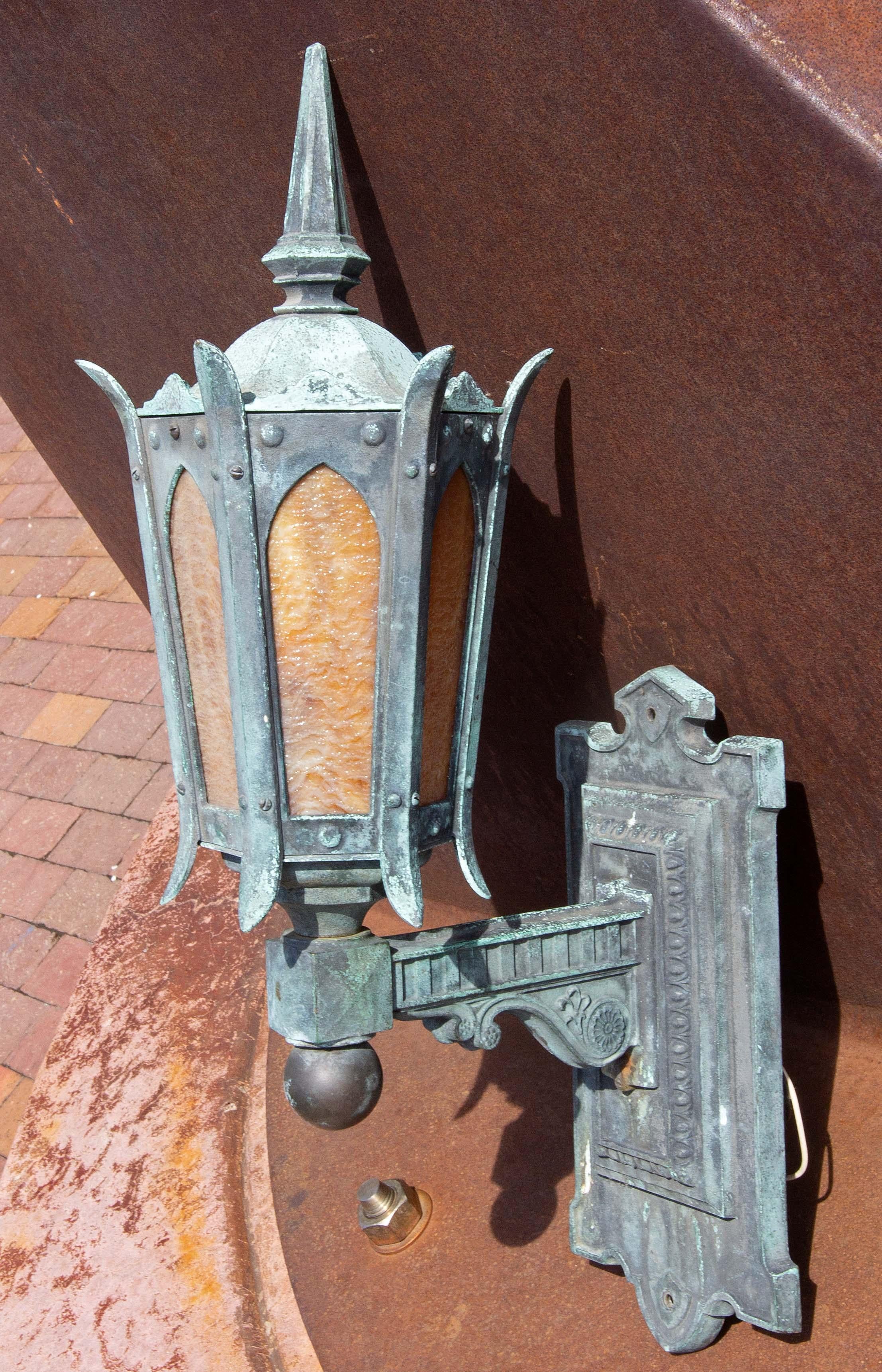 American Pair Antique Bronze and Slag Glass Exterior Sconces