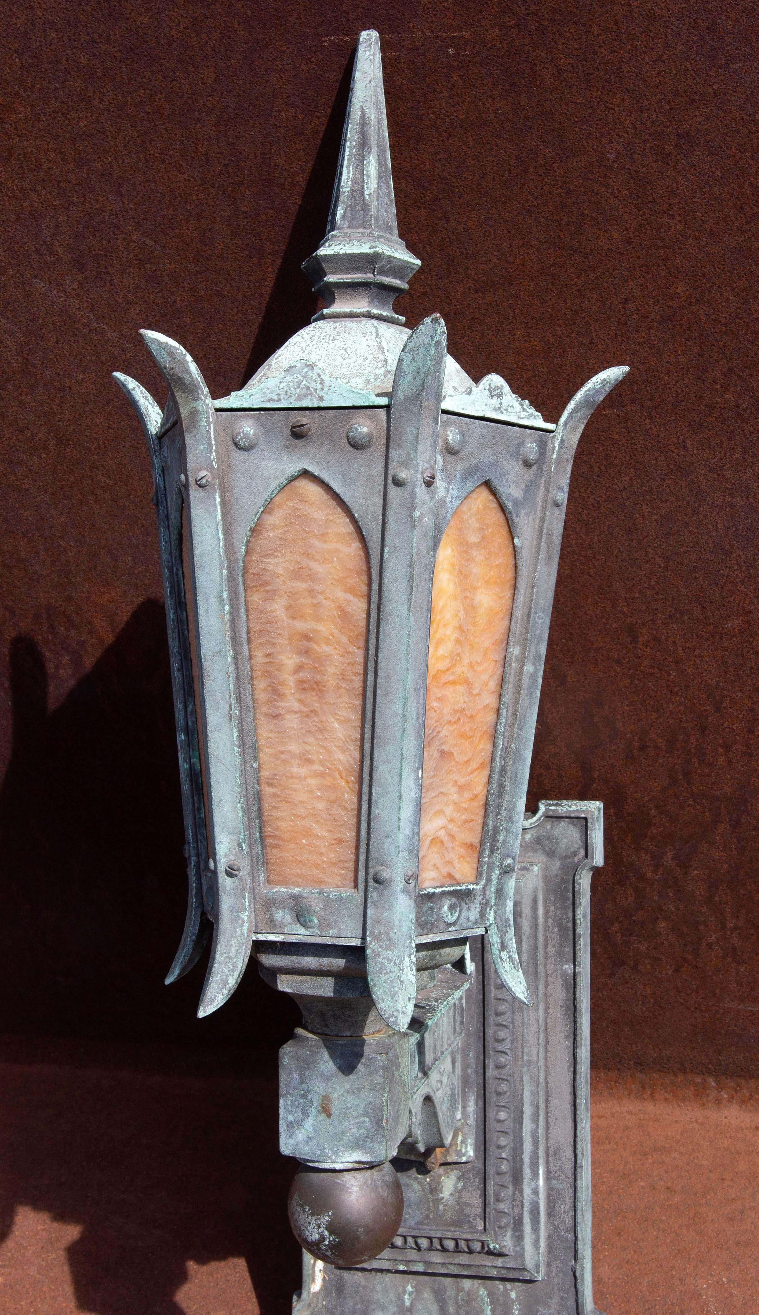 Pair Antique Bronze and Slag Glass Exterior Sconces In Good Condition In Rochester, NY
