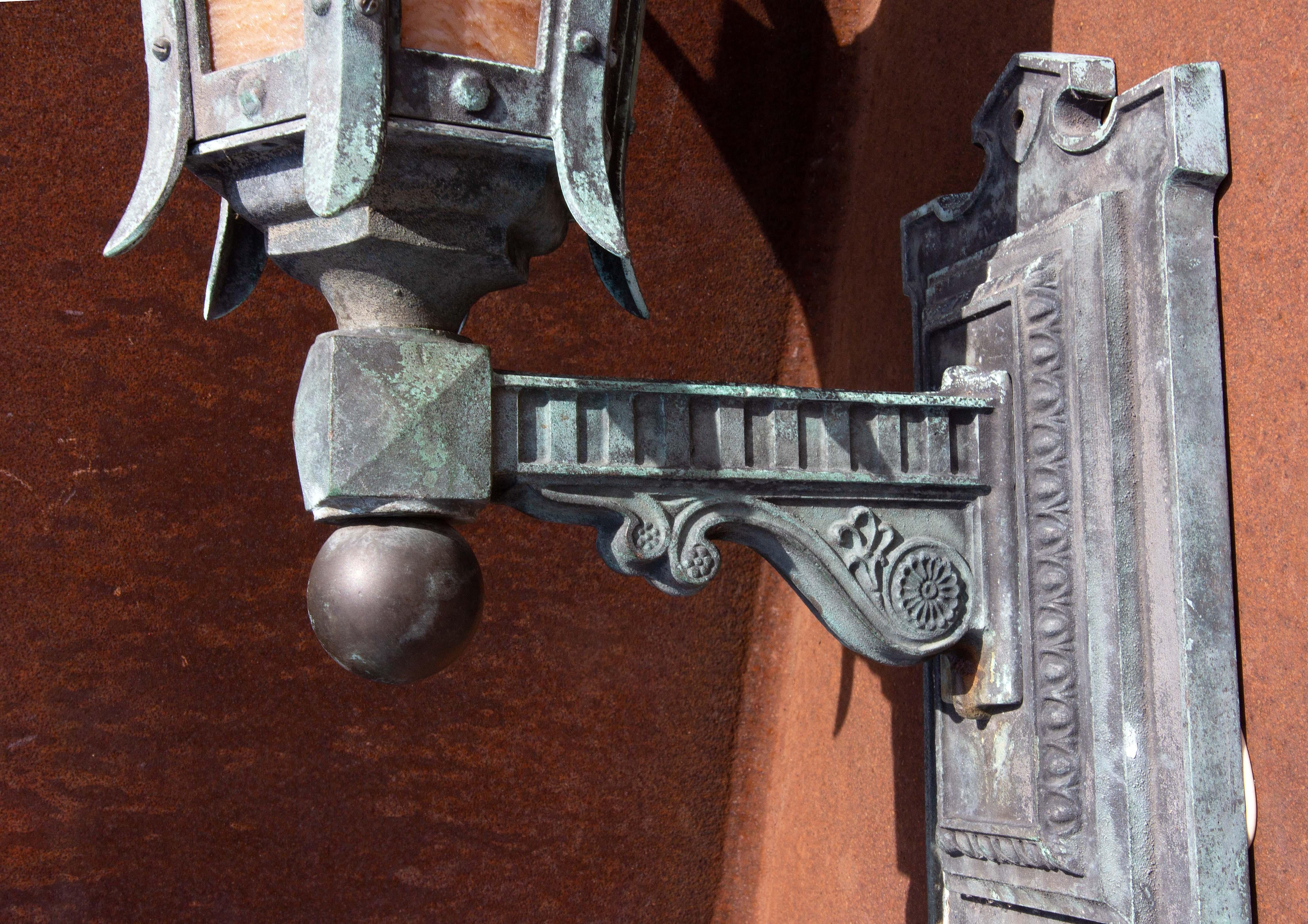 20th Century Pair Antique Bronze and Slag Glass Exterior Sconces