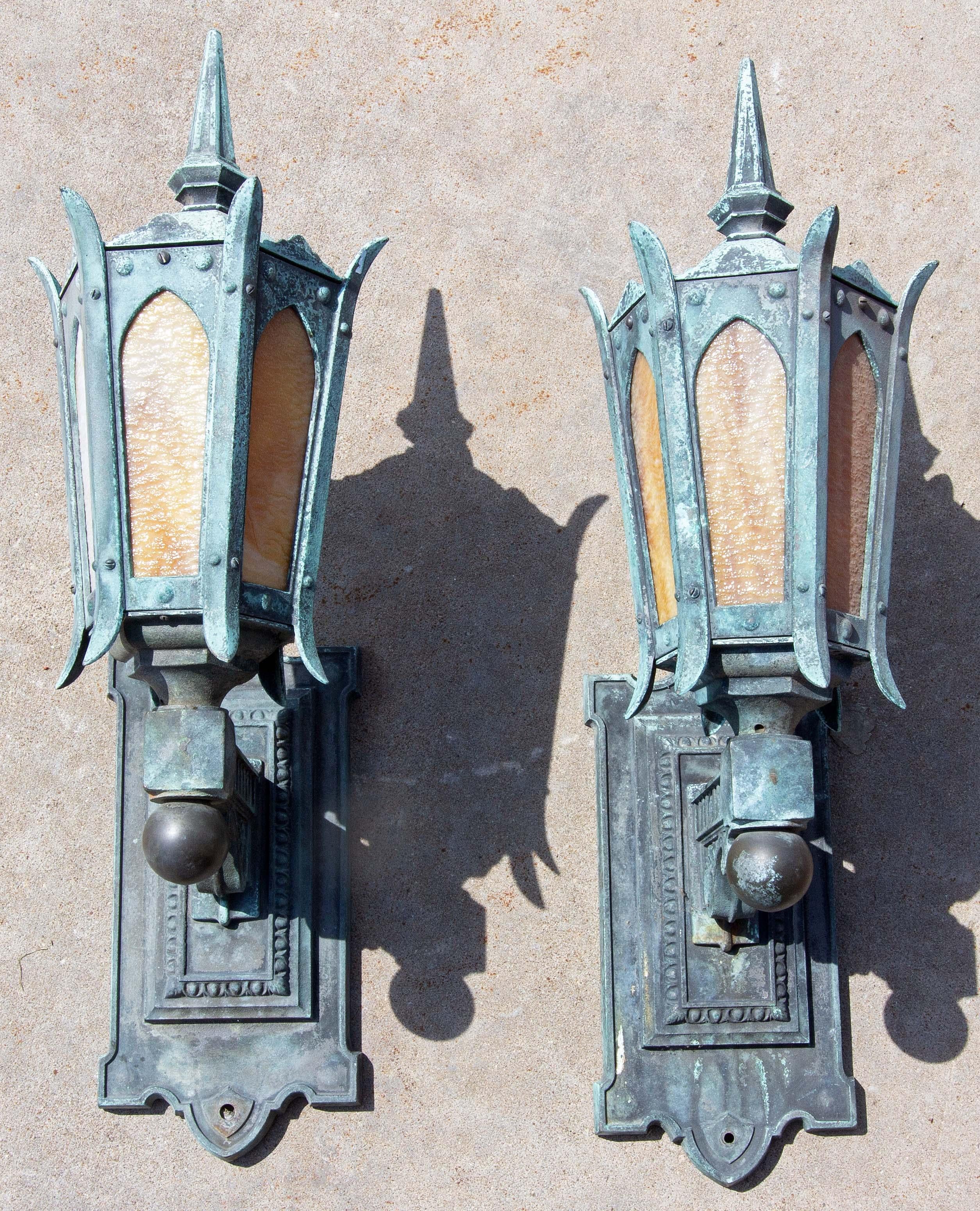 Pair Antique Bronze and Slag Glass Exterior Sconces 2
